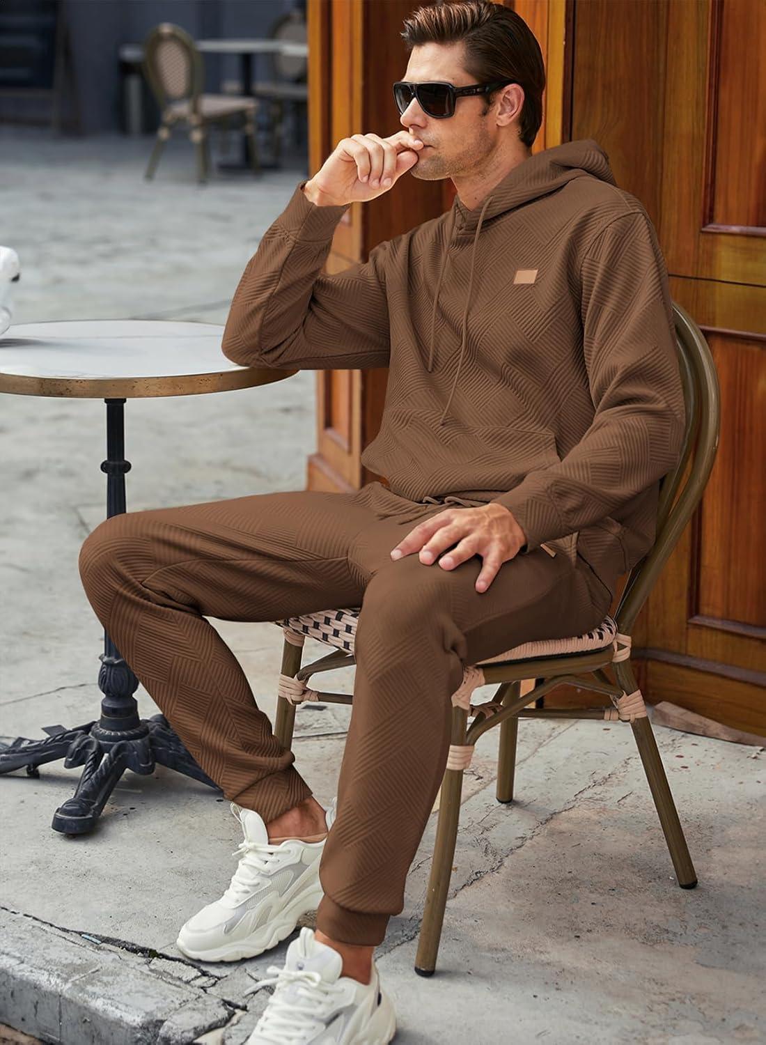 imageJMIERR Mens 2 Piece Jacquard Sweatsuit Outfits Hoodie Sweatshirt ampamp Joggers Sweatpants Set TracksuitCoffee