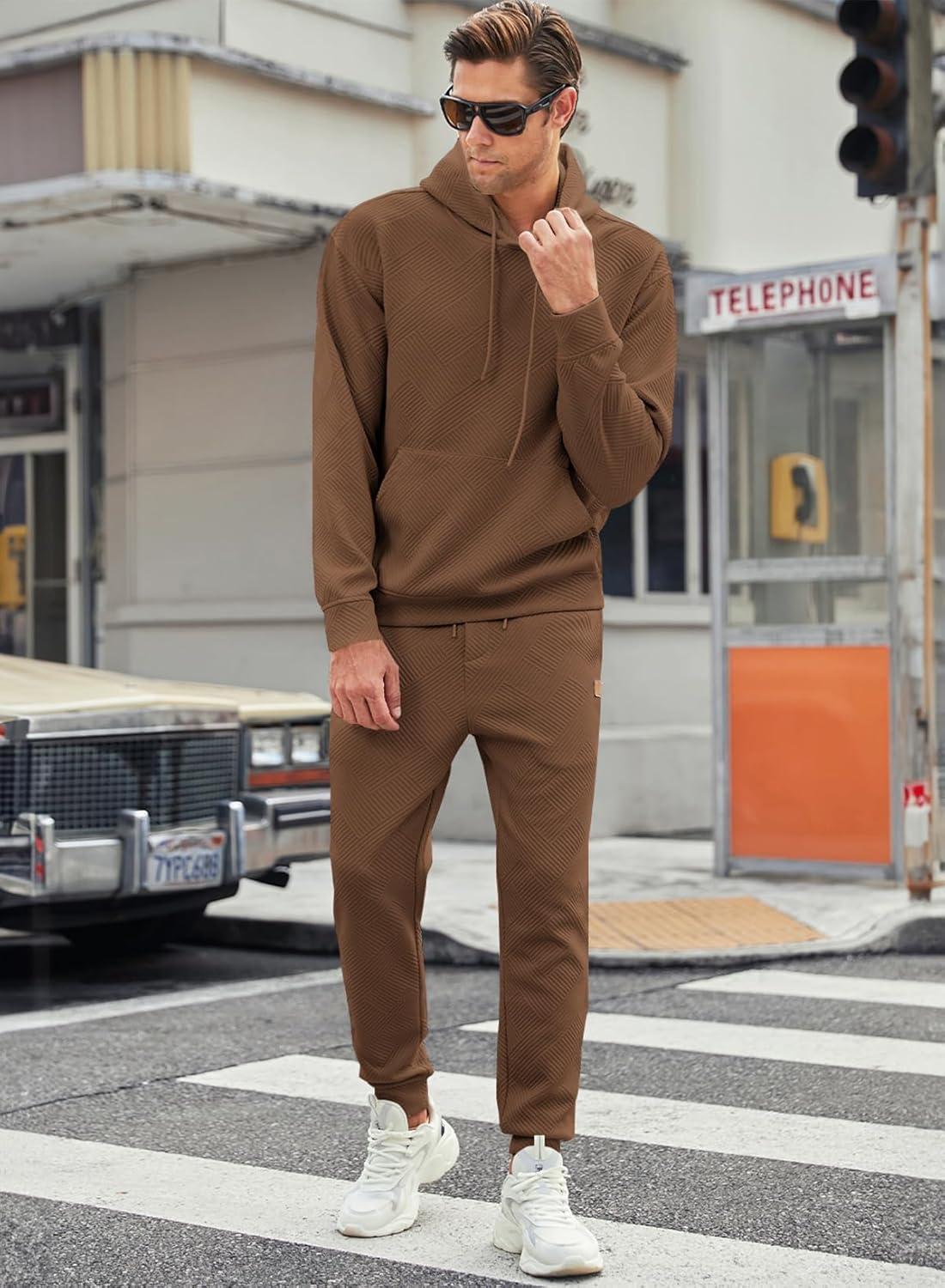 imageJMIERR Mens 2 Piece Jacquard Sweatsuit Outfits Hoodie Sweatshirt ampamp Joggers Sweatpants Set TracksuitCoffee