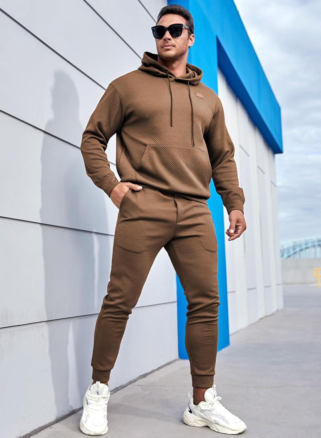 imageJMIERR Mens 2 Piece Jacquard Sweatsuit Outfits Hoodie Sweatshirt ampamp Joggers Sweatpants Set TracksuitCoffee