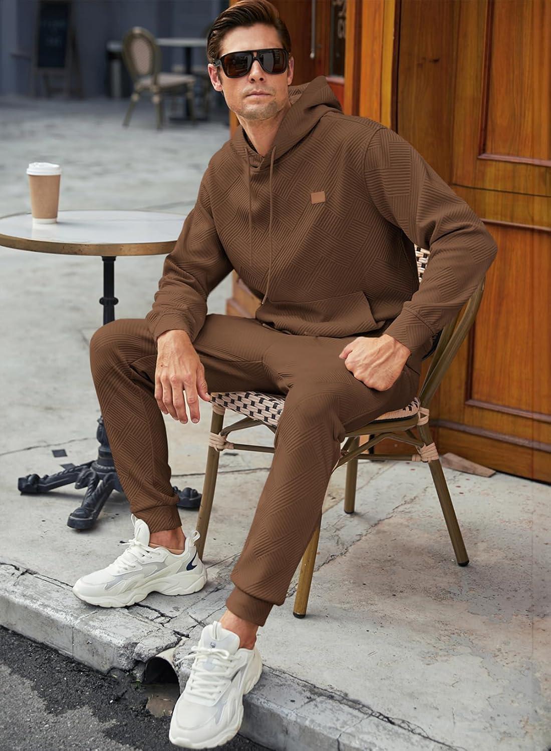 imageJMIERR Mens 2 Piece Jacquard Sweatsuit Outfits Hoodie Sweatshirt ampamp Joggers Sweatpants Set TracksuitCoffee