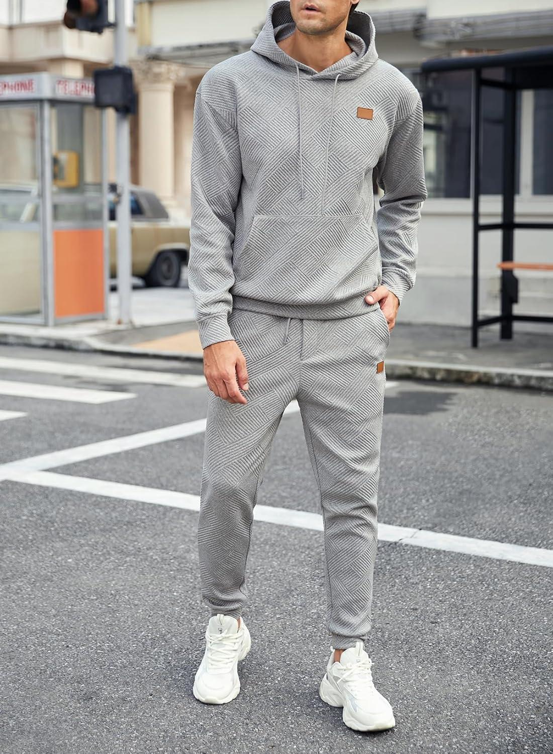 imageJMIERR Mens 2 Piece Jacquard Sweatsuit Outfits Hoodie Sweatshirt ampamp Joggers Sweatpants Set TracksuitGrey
