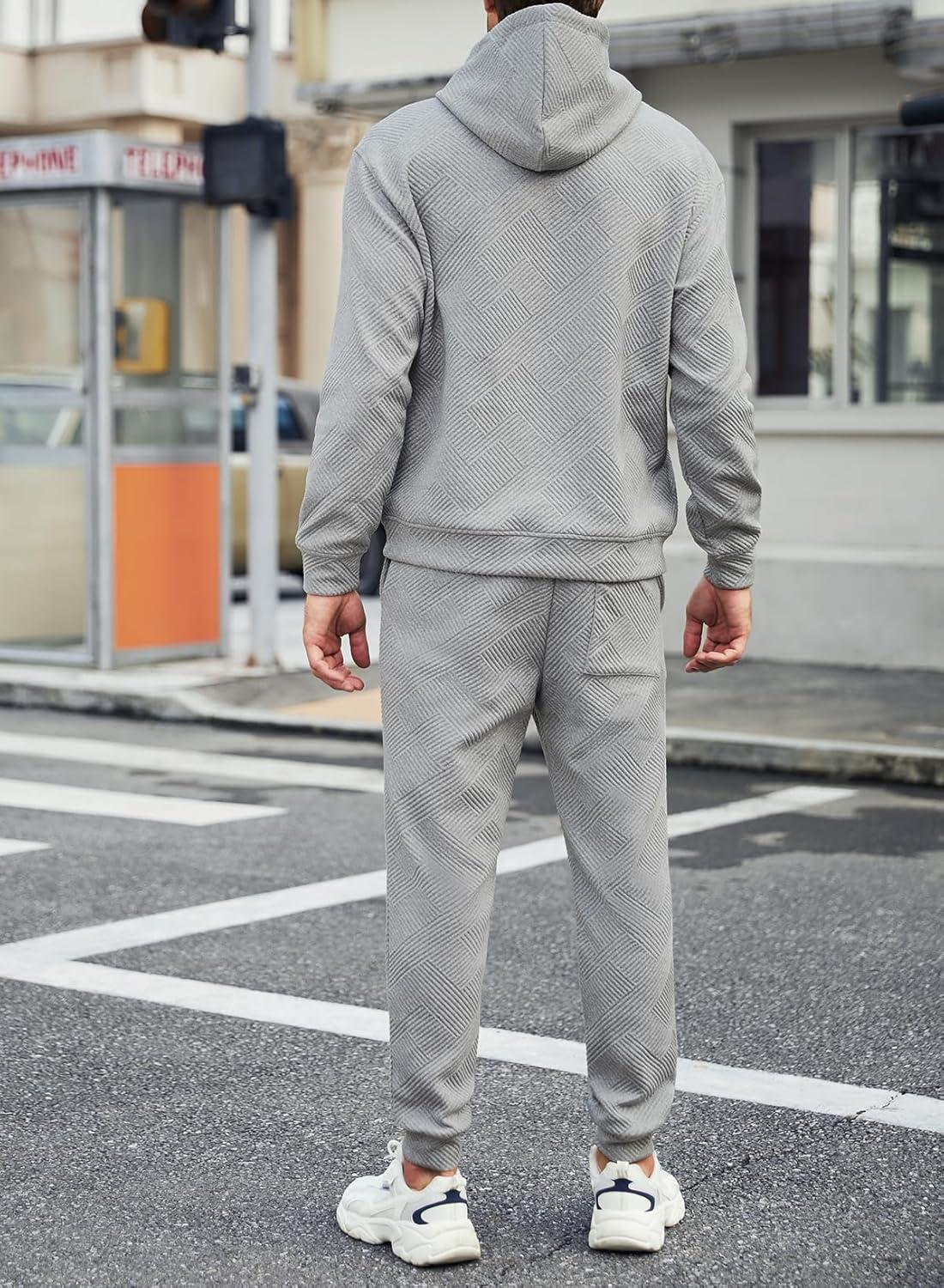 imageJMIERR Mens 2 Piece Jacquard Sweatsuit Outfits Hoodie Sweatshirt ampamp Joggers Sweatpants Set TracksuitGrey