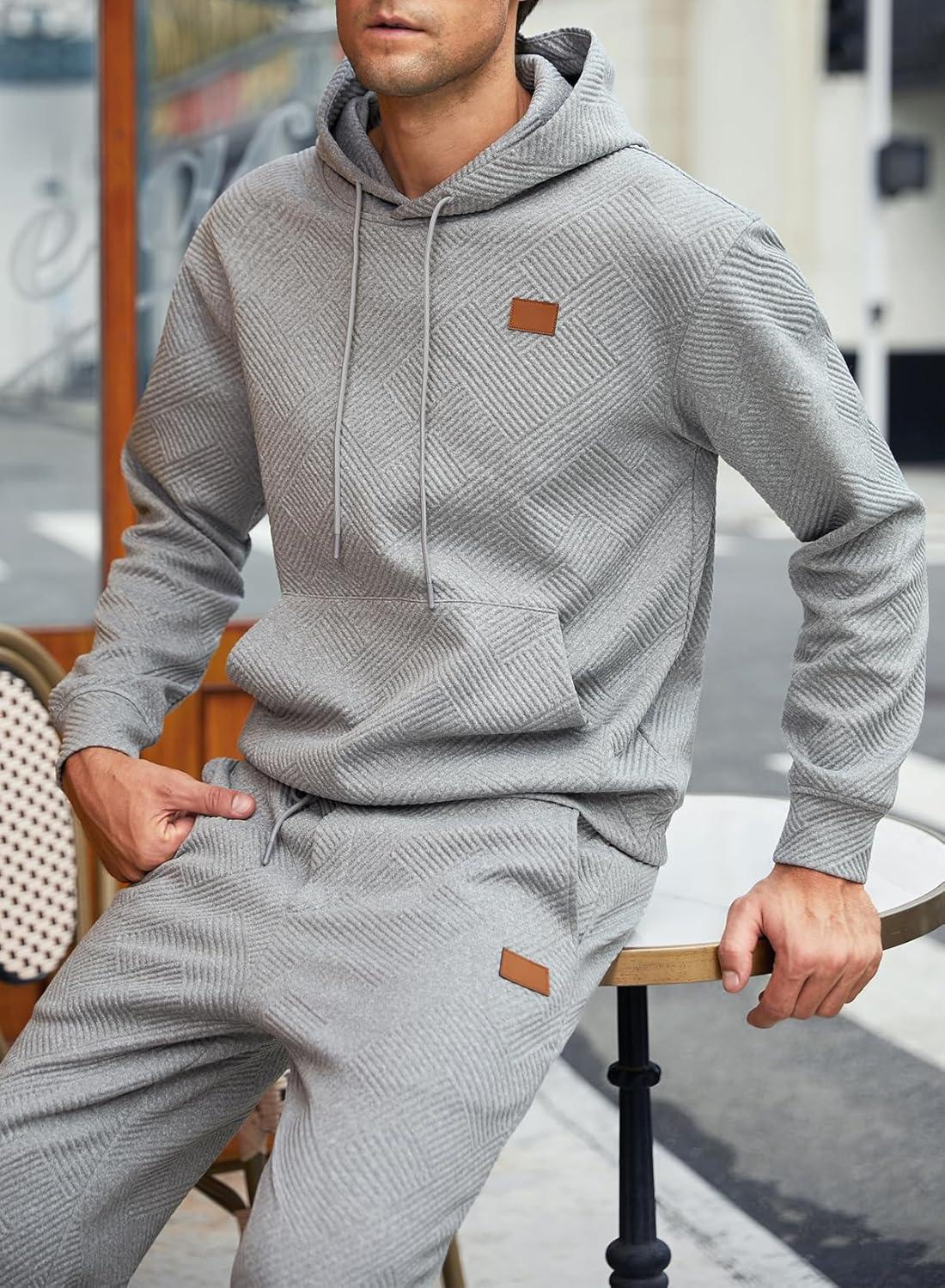 imageJMIERR Mens 2 Piece Jacquard Sweatsuit Outfits Hoodie Sweatshirt ampamp Joggers Sweatpants Set TracksuitGrey