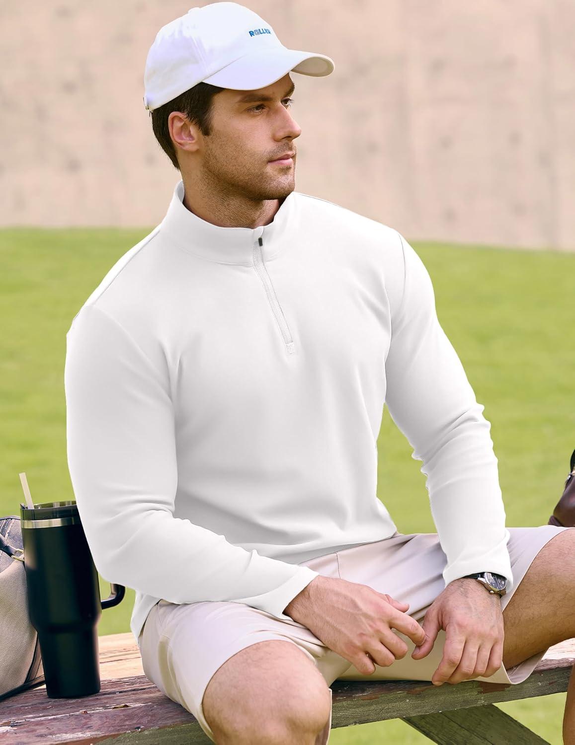 imageJMIERR Mens 2025 Casual Quarter Zip Pullover Sweatshirts Stretch Fall Polo Plush Long Sleeve Shirt Comfy UnderwearA White