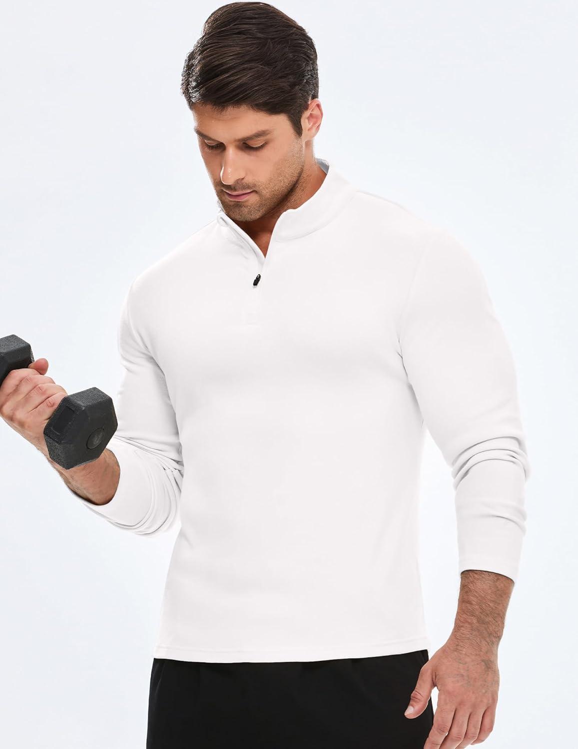 imageJMIERR Mens 2025 Casual Quarter Zip Pullover Sweatshirts Stretch Fall Polo Plush Long Sleeve Shirt Comfy UnderwearA White