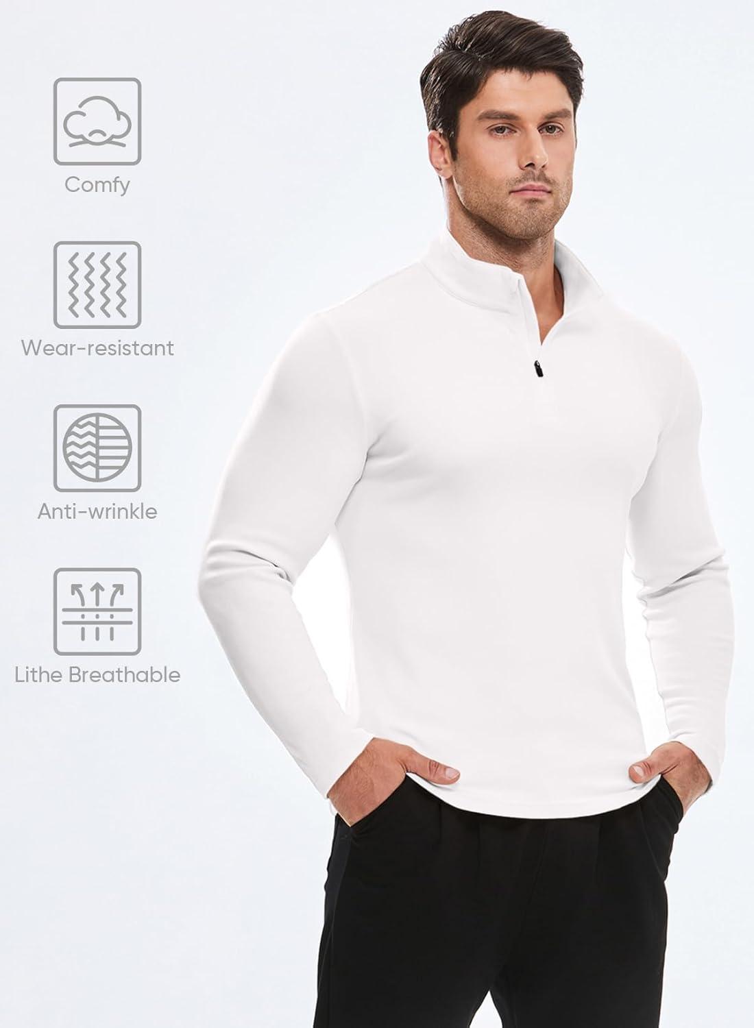 imageJMIERR Mens 2025 Casual Quarter Zip Pullover Sweatshirts Stretch Fall Polo Plush Long Sleeve Shirt Comfy UnderwearA White
