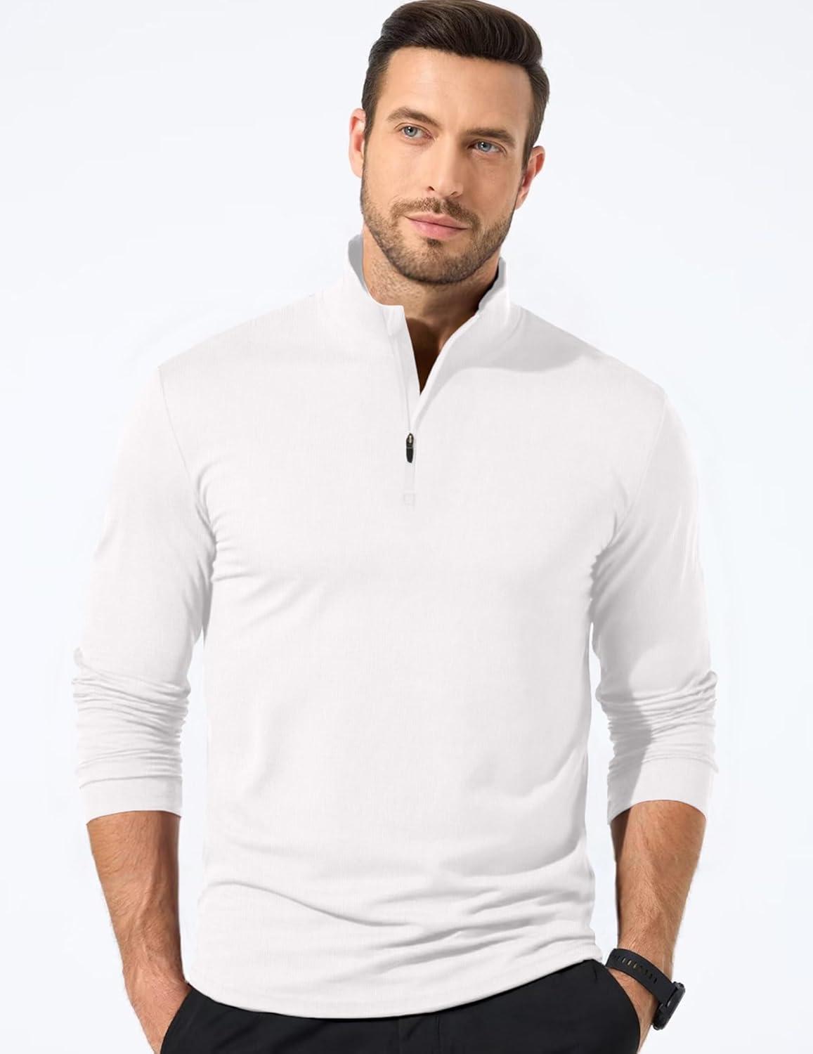 imageJMIERR Mens 2025 Casual Quarter Zip Pullover Sweatshirts Stretch Fall Polo Plush Long Sleeve Shirt Comfy UnderwearA White