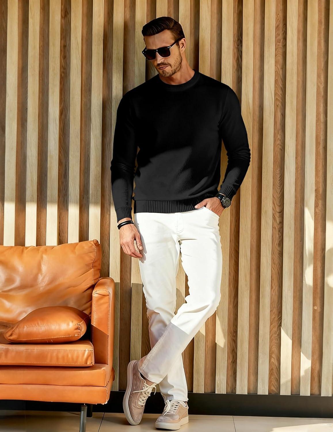 imageJMIERR Mens 2025 Warm Fall Fleece Pullover Knit Sweater Classic Crewneck Long Sleeve Slim Fit Soft Comfy Winter Sweaters0 Black