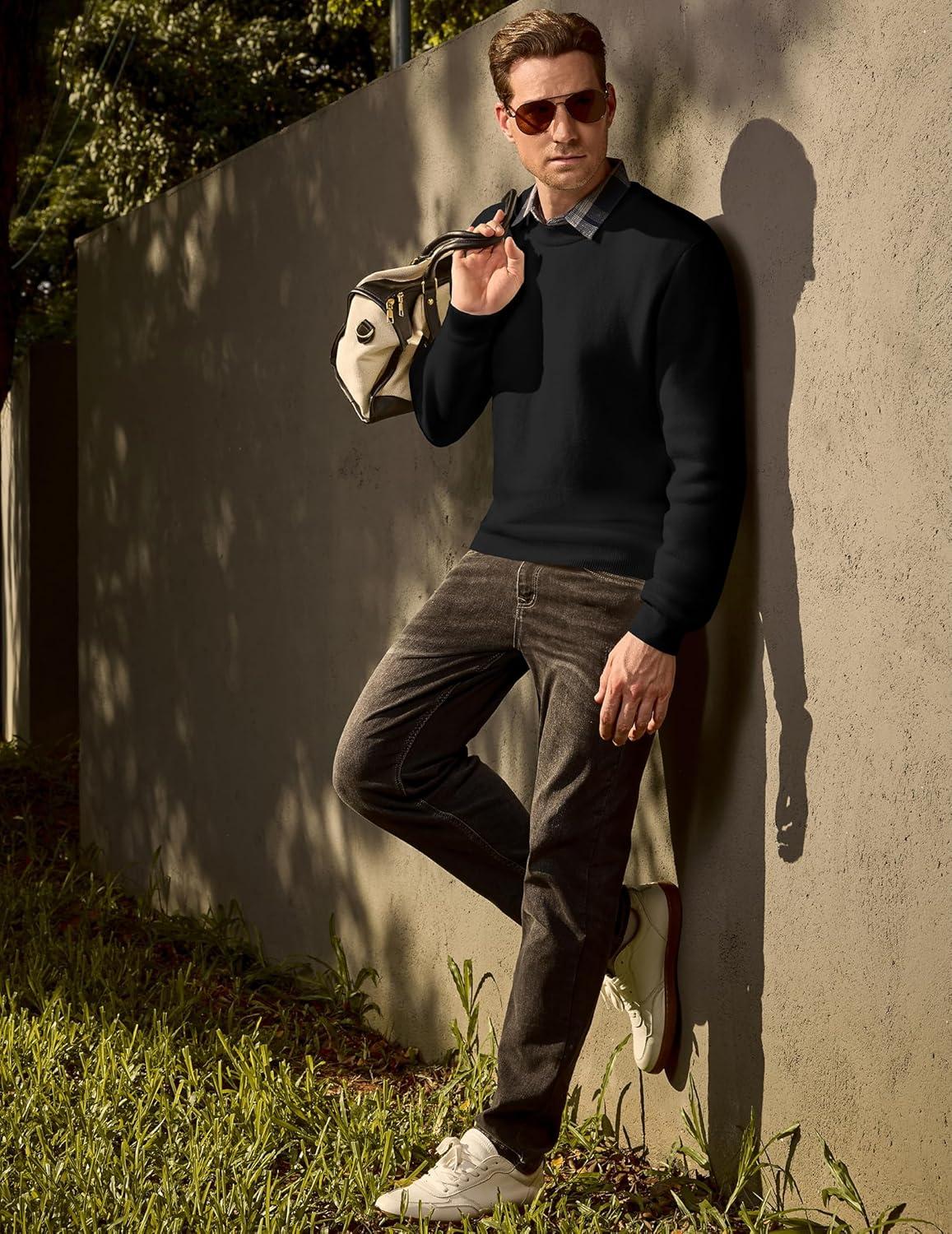 imageJMIERR Mens 2025 Warm Fall Fleece Pullover Knit Sweater Classic Crewneck Long Sleeve Slim Fit Soft Comfy Winter Sweaters0 Black