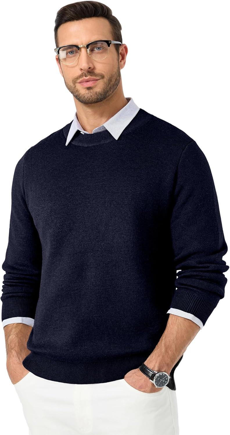 imageJMIERR Mens 2025 Warm Fall Fleece Pullover Knit Sweater Classic Crewneck Long Sleeve Slim Fit Soft Comfy Winter SweatersA Blue