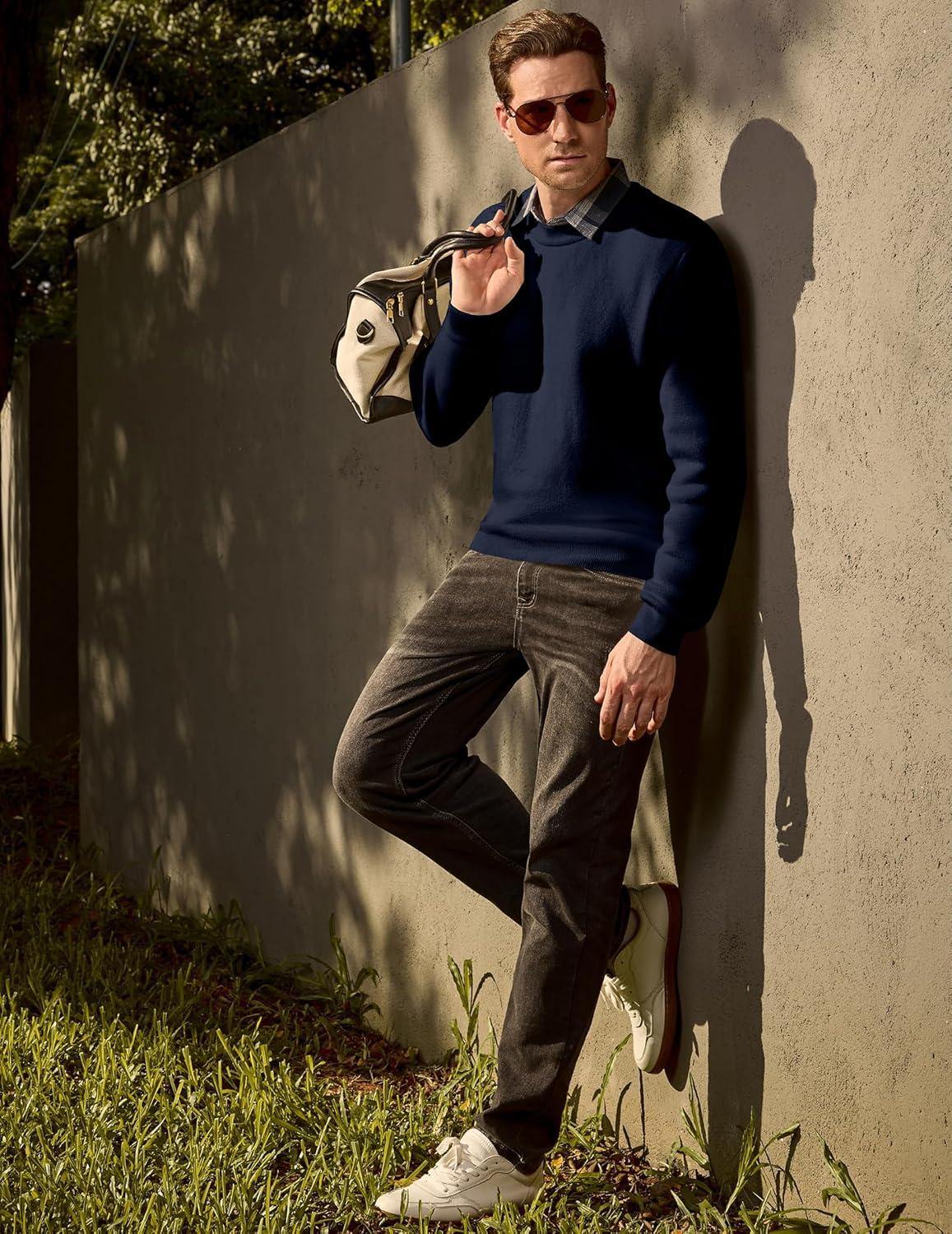 imageJMIERR Mens 2025 Warm Fall Fleece Pullover Knit Sweater Classic Crewneck Long Sleeve Slim Fit Soft Comfy Winter SweatersA Blue