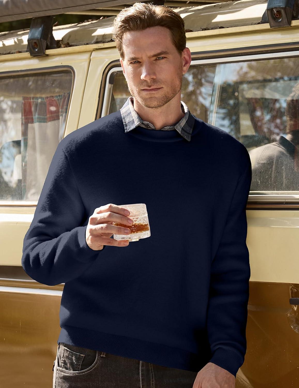 imageJMIERR Mens 2025 Warm Fall Fleece Pullover Knit Sweater Classic Crewneck Long Sleeve Slim Fit Soft Comfy Winter SweatersA Blue