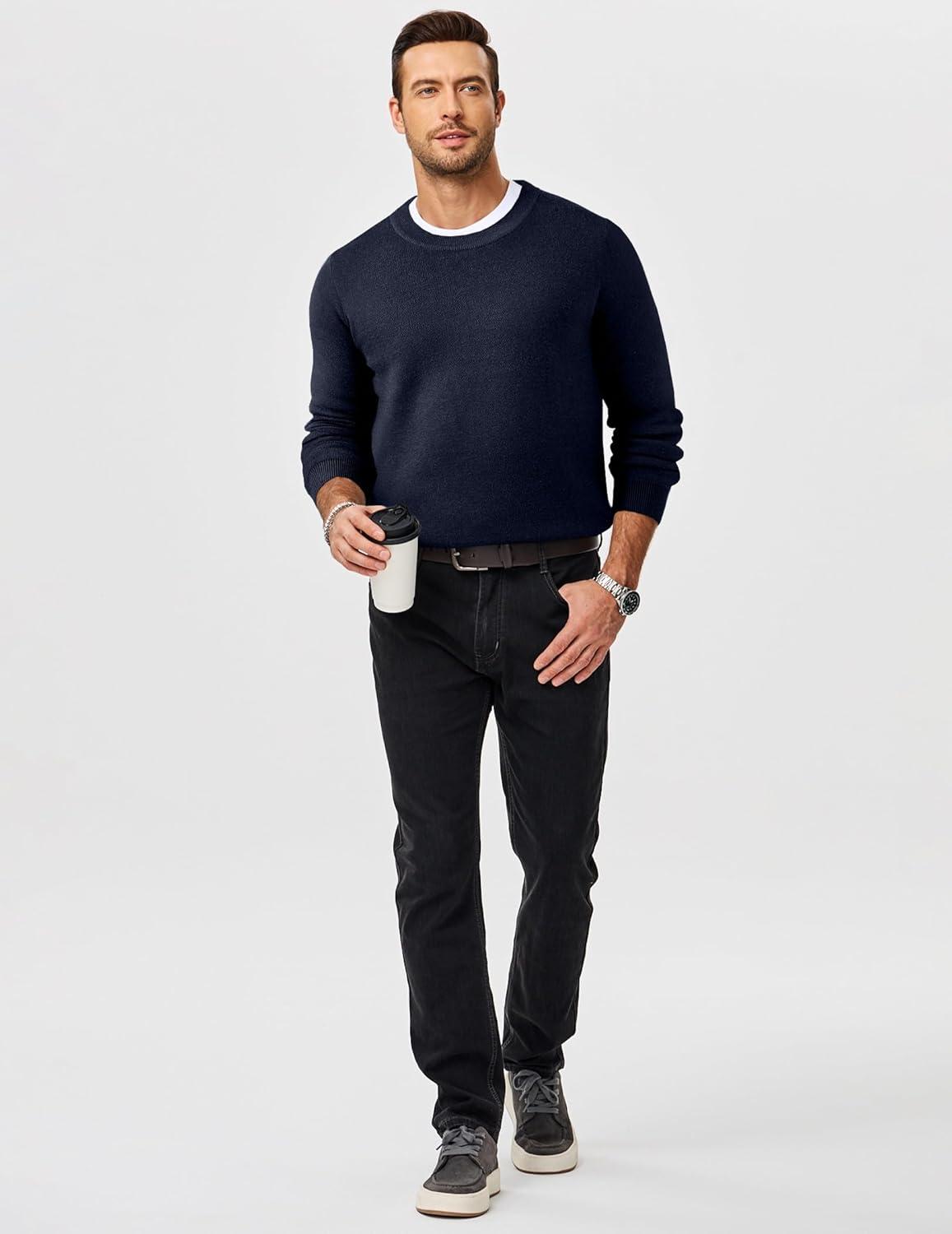 imageJMIERR Mens 2025 Warm Fall Fleece Pullover Knit Sweater Classic Crewneck Long Sleeve Slim Fit Soft Comfy Winter SweatersA Blue