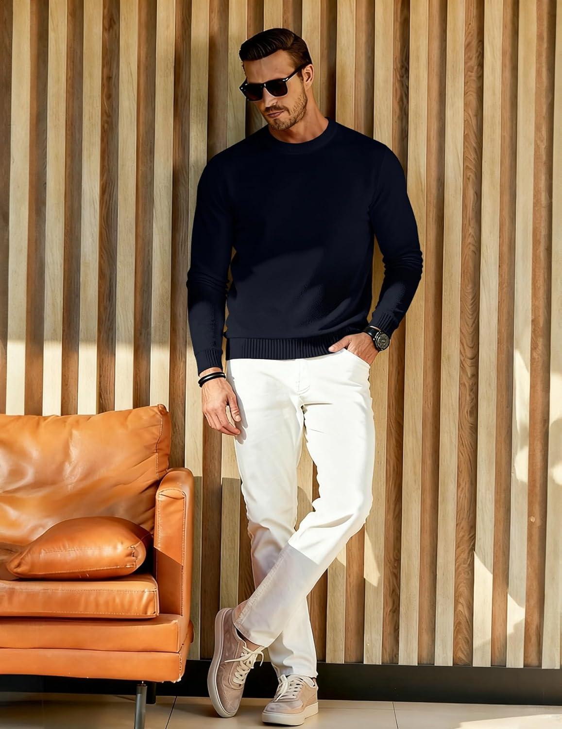 imageJMIERR Mens 2025 Warm Fall Fleece Pullover Knit Sweater Classic Crewneck Long Sleeve Slim Fit Soft Comfy Winter SweatersA Blue