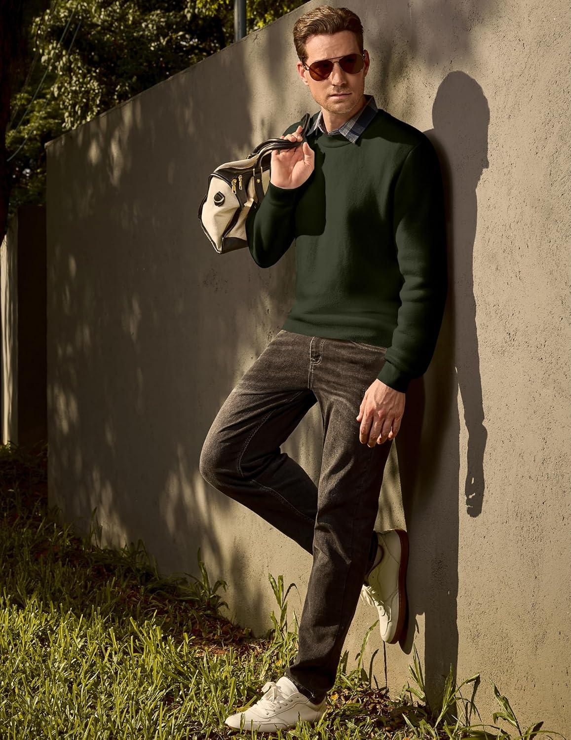 imageJMIERR Mens 2025 Warm Fall Fleece Pullover Knit Sweater Classic Crewneck Long Sleeve Slim Fit Soft Comfy Winter SweatersA Green