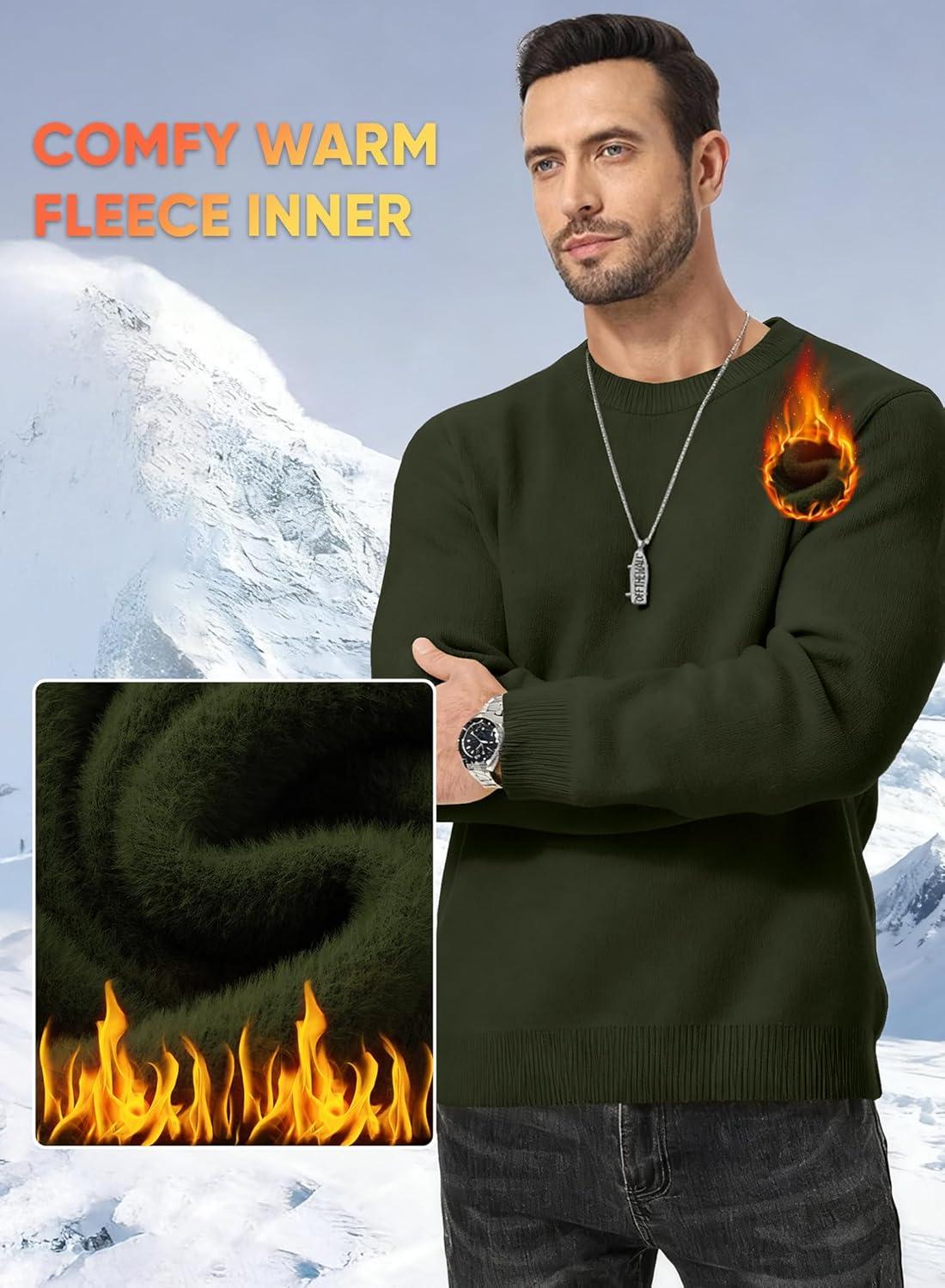 imageJMIERR Mens 2025 Warm Fall Fleece Pullover Knit Sweater Classic Crewneck Long Sleeve Slim Fit Soft Comfy Winter SweatersA Green