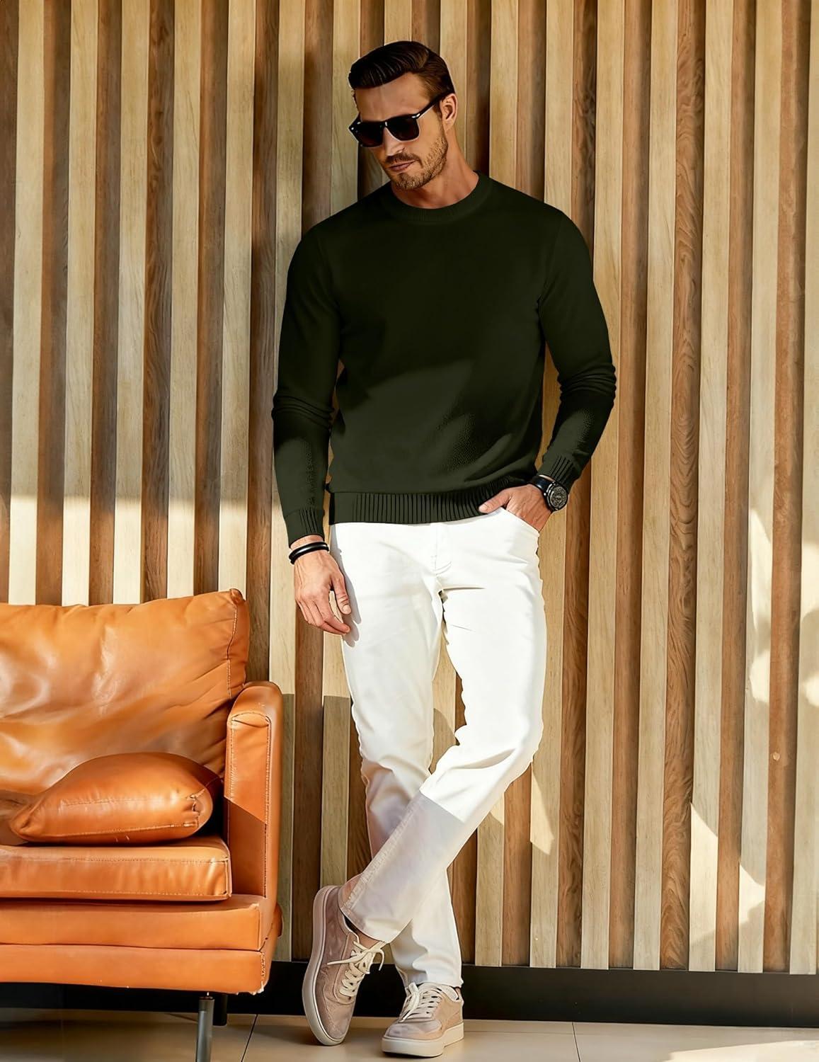 imageJMIERR Mens 2025 Warm Fall Fleece Pullover Knit Sweater Classic Crewneck Long Sleeve Slim Fit Soft Comfy Winter SweatersA Green