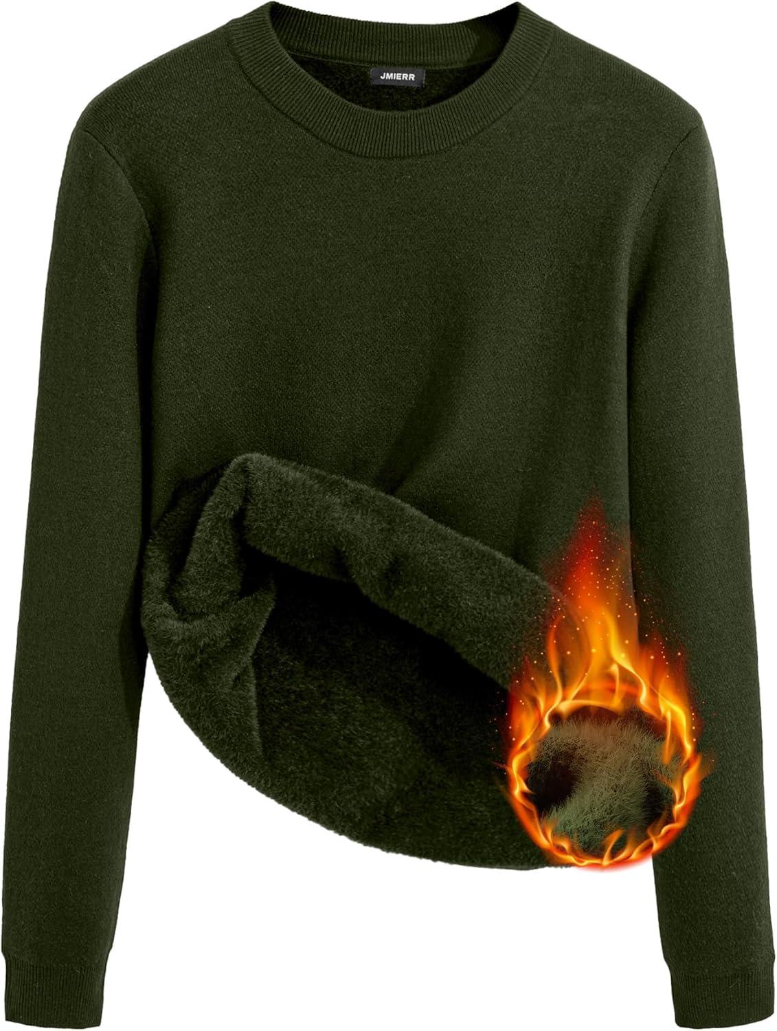 imageJMIERR Mens 2025 Warm Fall Fleece Pullover Knit Sweater Classic Crewneck Long Sleeve Slim Fit Soft Comfy Winter SweatersA Green