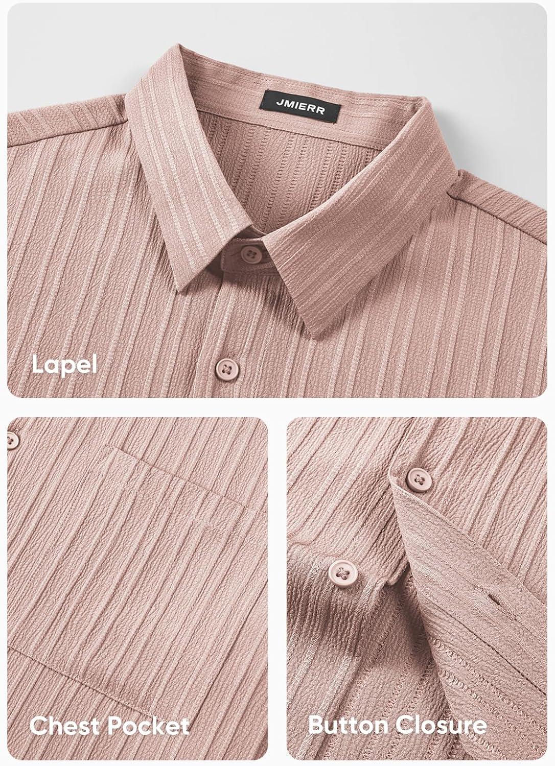 imageJMIERR Mens Button Down Dress Shirts Textured Long Sleeve Casual Hawaiian Beach Shirt with PocketPink