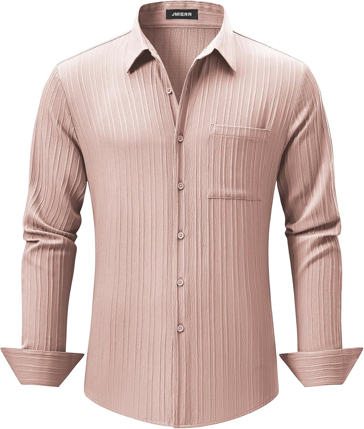 imageJMIERR Mens Button Down Dress Shirts Textured Long Sleeve Casual Hawaiian Beach Shirt with PocketPink