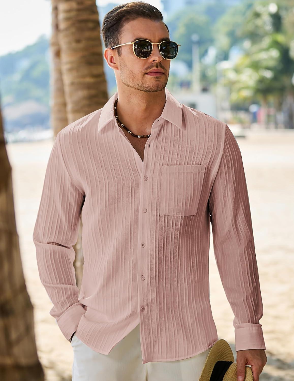 imageJMIERR Mens Button Down Dress Shirts Textured Long Sleeve Casual Hawaiian Beach Shirt with PocketPink