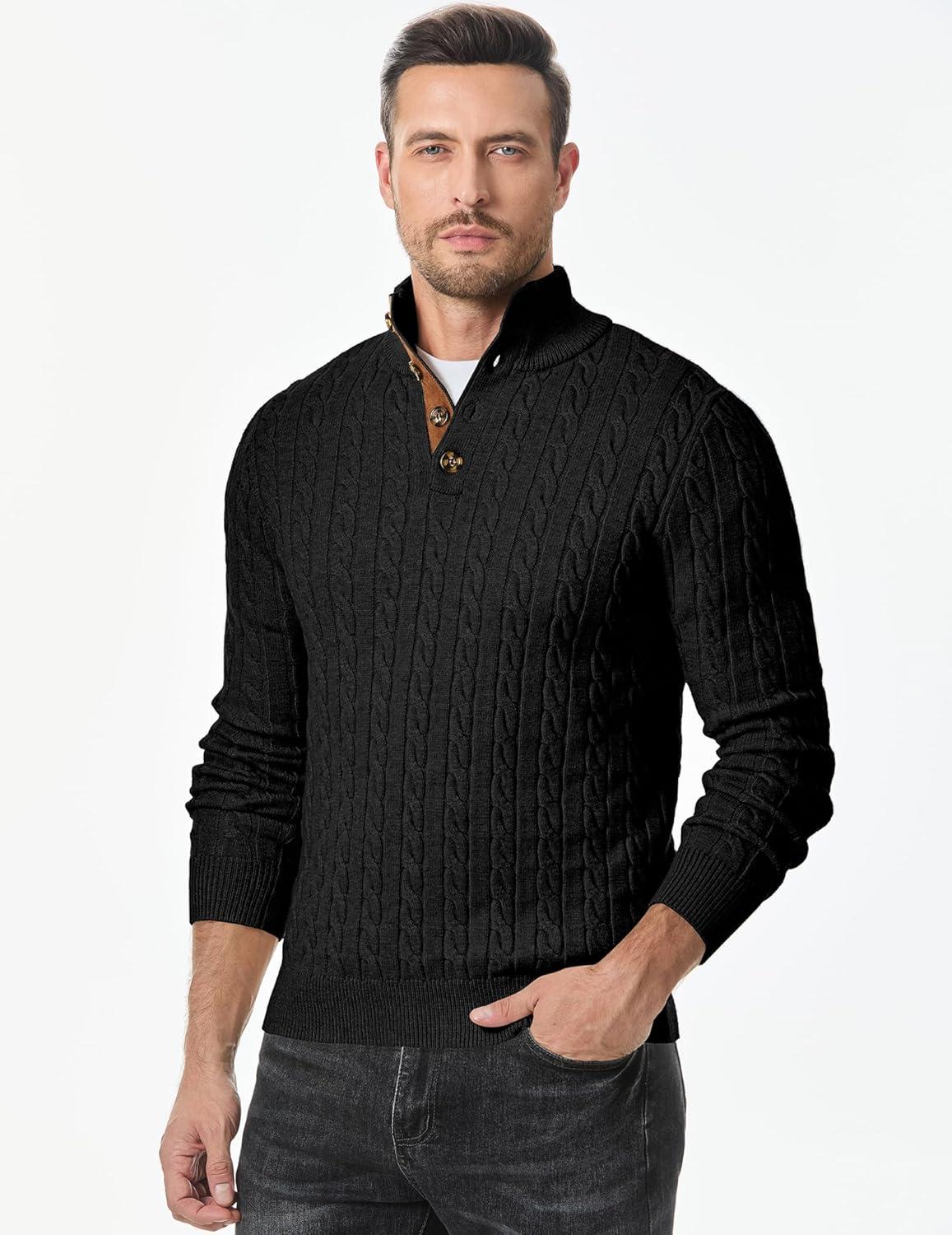 imageJMIERR Mens Cable Knit Pullover Sweater Casual Long Sleeve Stand Collar Button Knitted Sweaters0 Black
