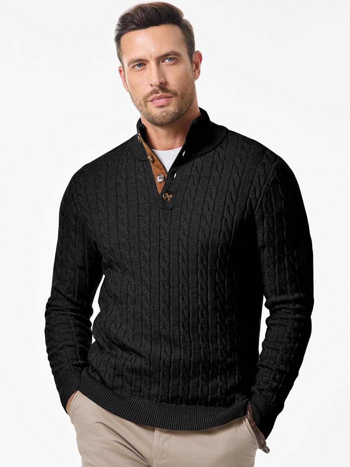imageJMIERR Mens Cable Knit Pullover Sweater Casual Long Sleeve Stand Collar Button Knitted Sweaters0 Black