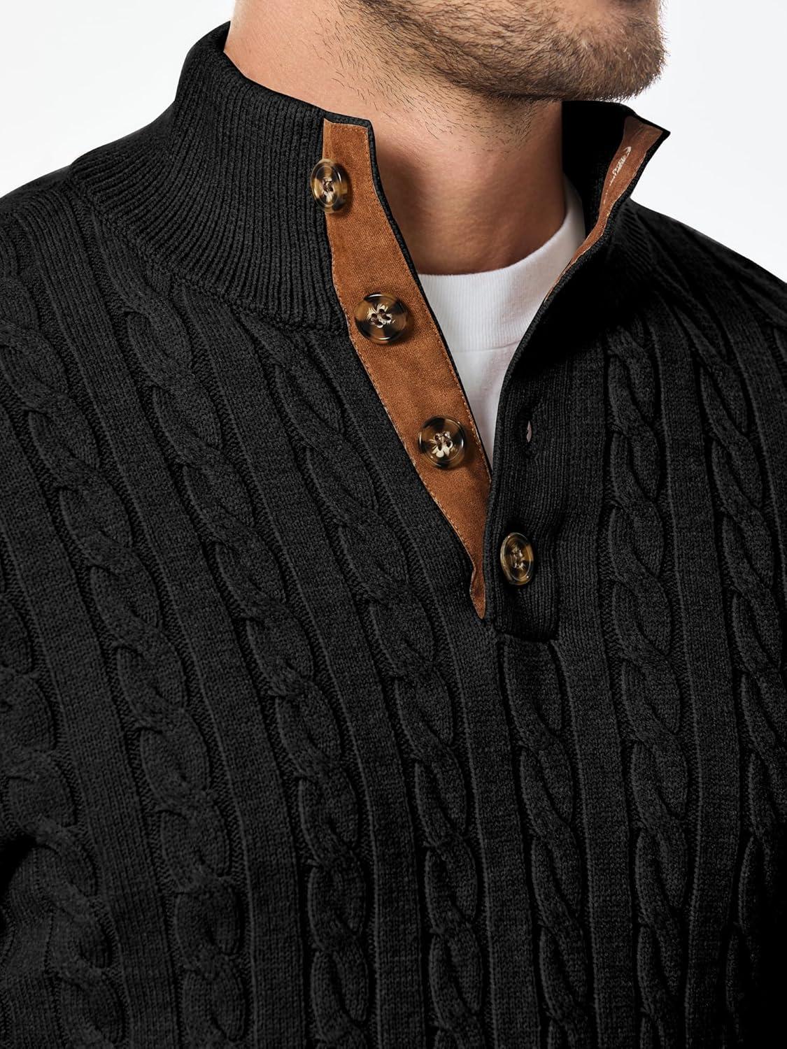 imageJMIERR Mens Cable Knit Pullover Sweater Casual Long Sleeve Stand Collar Button Knitted Sweaters0 Black