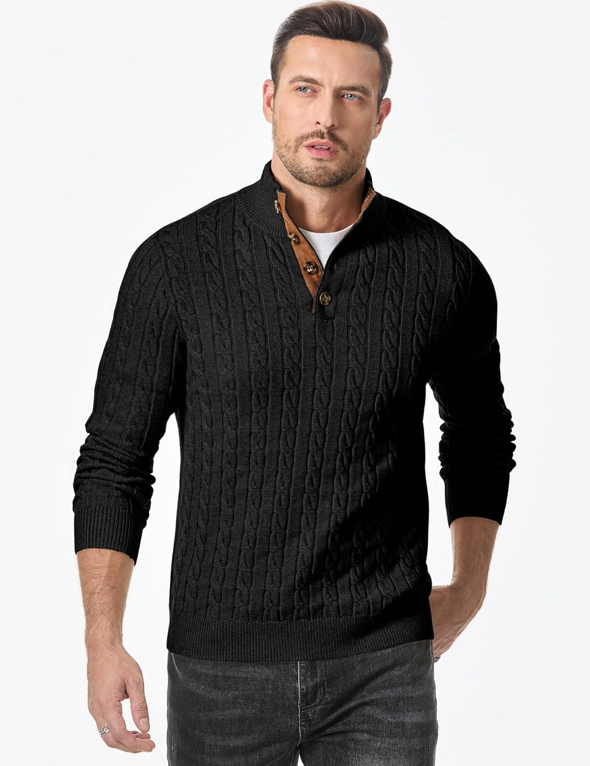 imageJMIERR Mens Cable Knit Pullover Sweater Casual Long Sleeve Stand Collar Button Knitted Sweaters0 Black