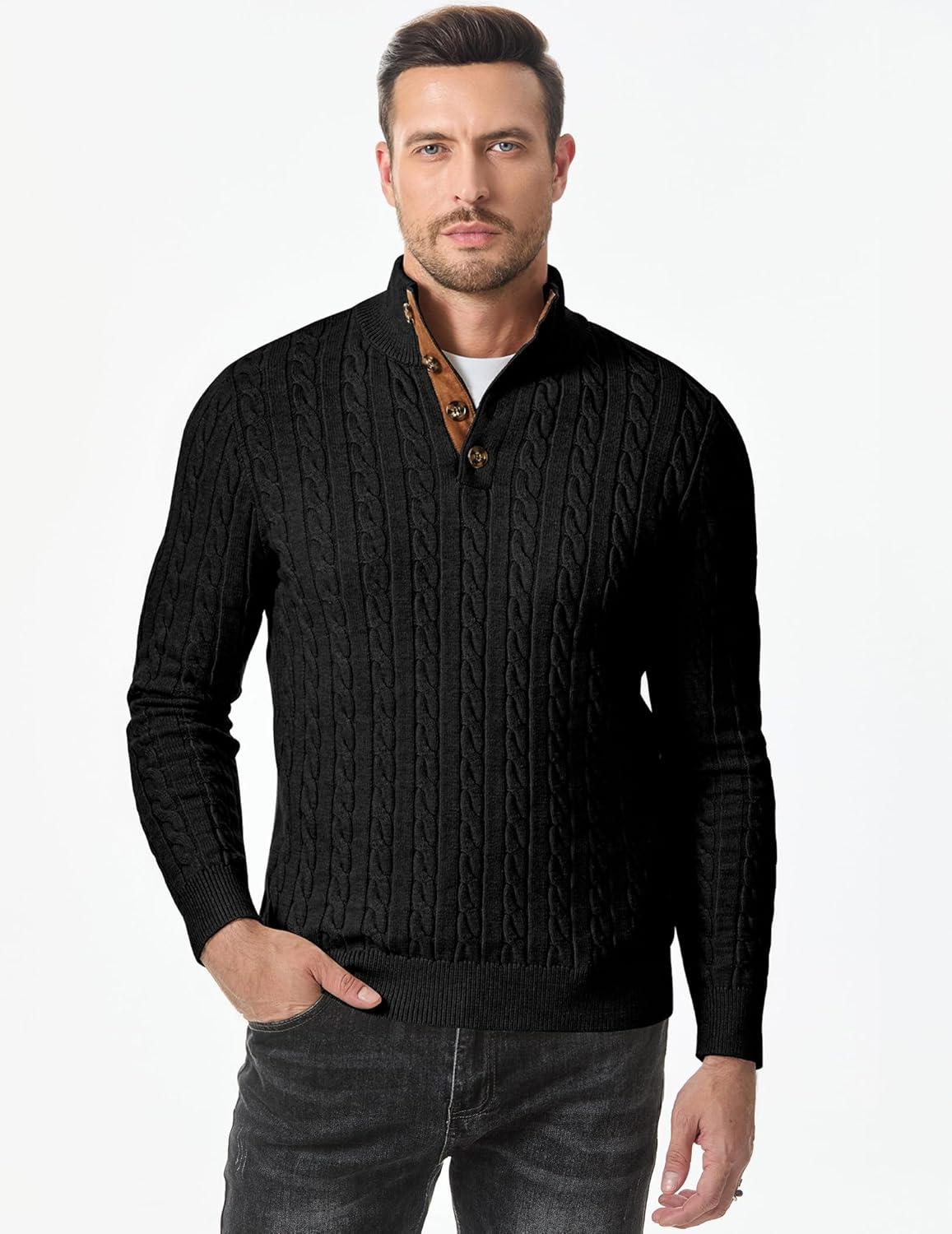 imageJMIERR Mens Cable Knit Pullover Sweater Casual Long Sleeve Stand Collar Button Knitted Sweaters0 Black