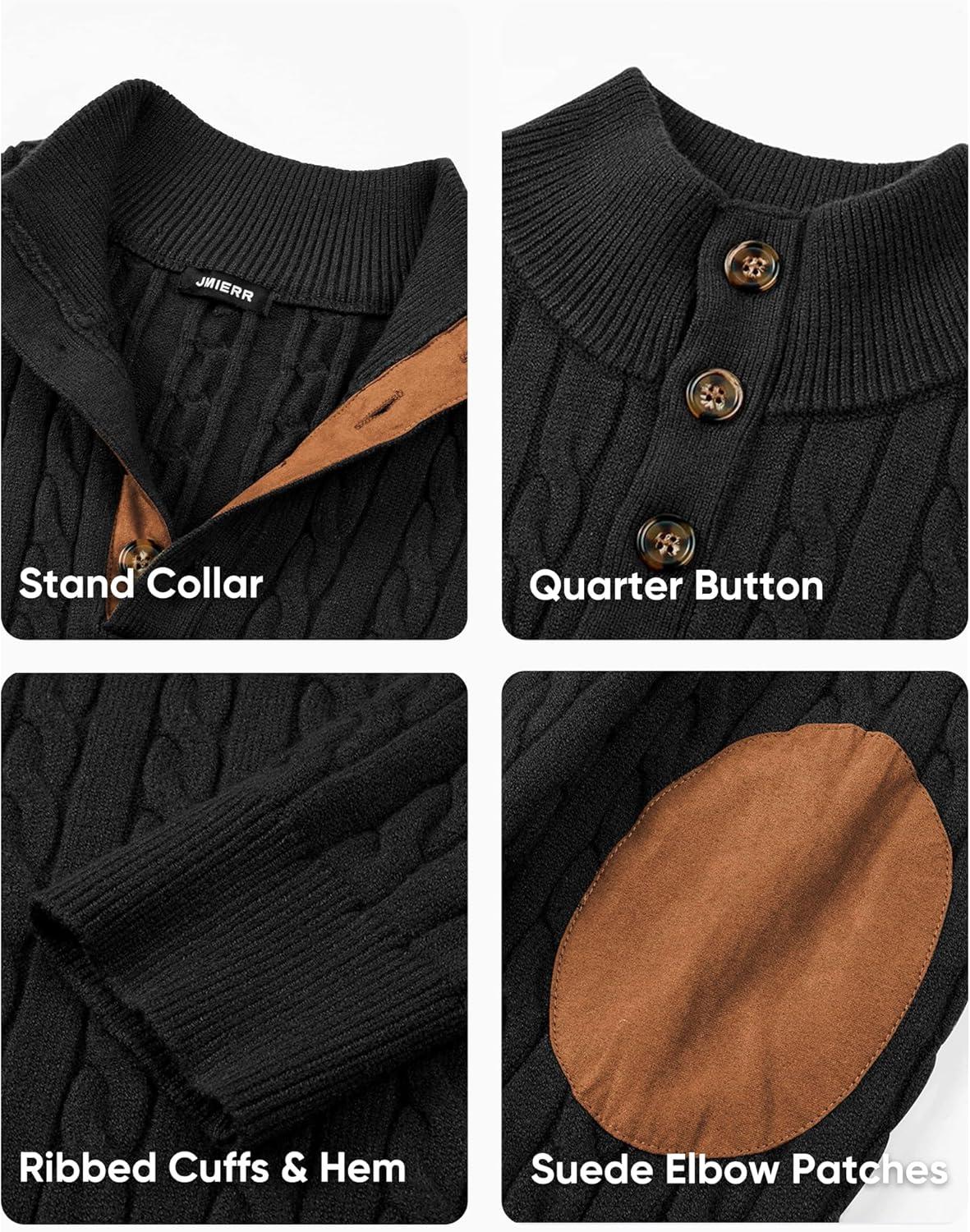 imageJMIERR Mens Cable Knit Pullover Sweater Casual Long Sleeve Stand Collar Button Knitted Sweaters0 Black