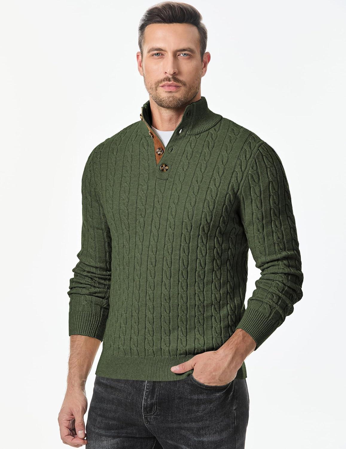 imageJMIERR Mens Cable Knit Pullover Sweater Casual Long Sleeve Stand Collar Button Knitted Sweaters01 Green