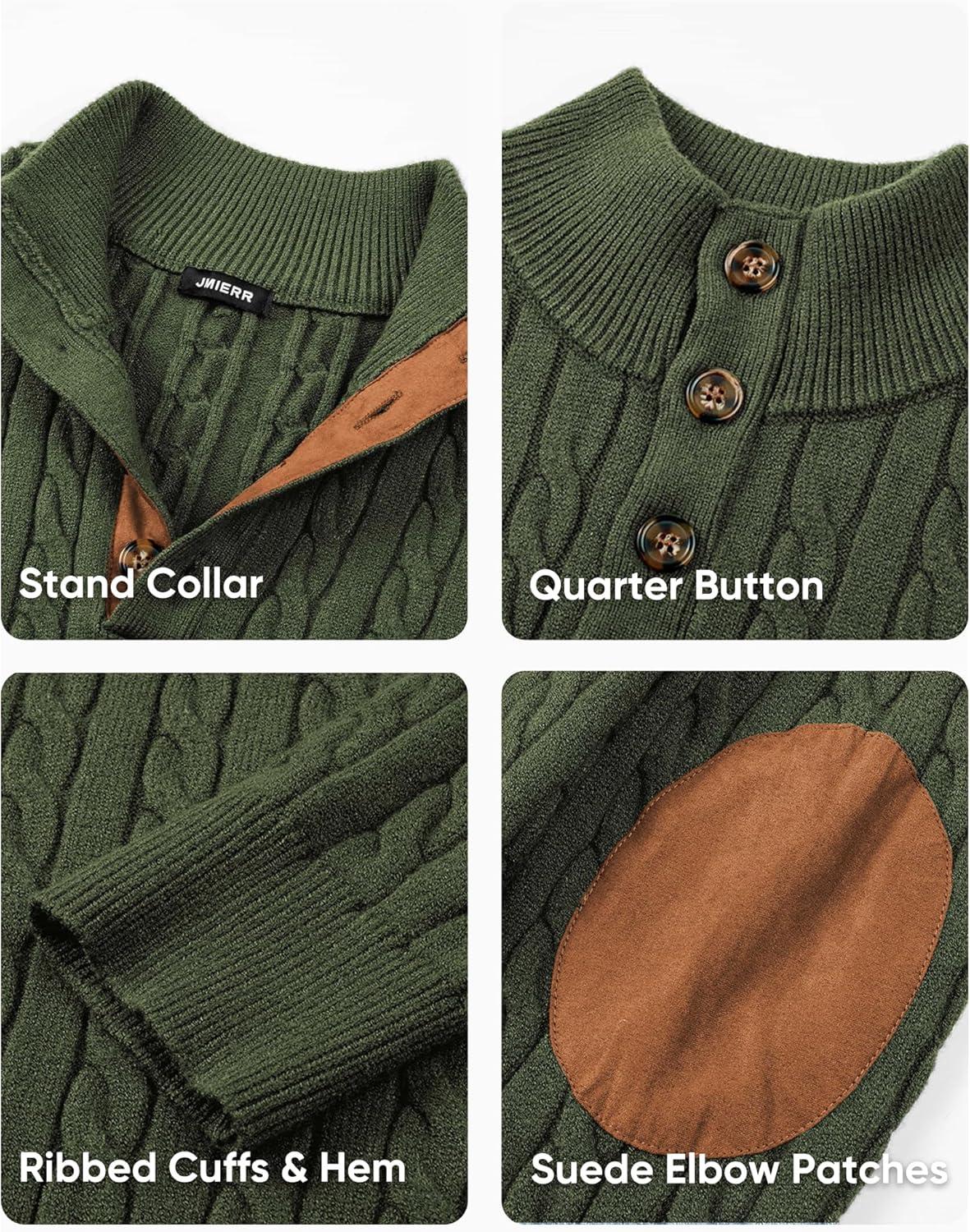 imageJMIERR Mens Cable Knit Pullover Sweater Casual Long Sleeve Stand Collar Button Knitted Sweaters01 Green
