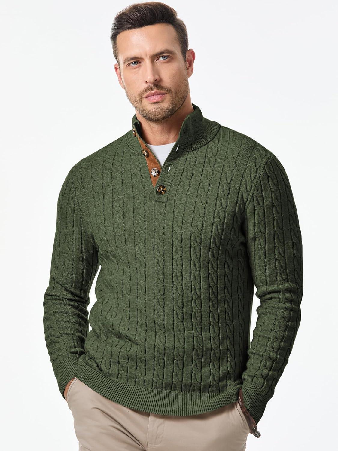 imageJMIERR Mens Cable Knit Pullover Sweater Casual Long Sleeve Stand Collar Button Knitted Sweaters01 Green