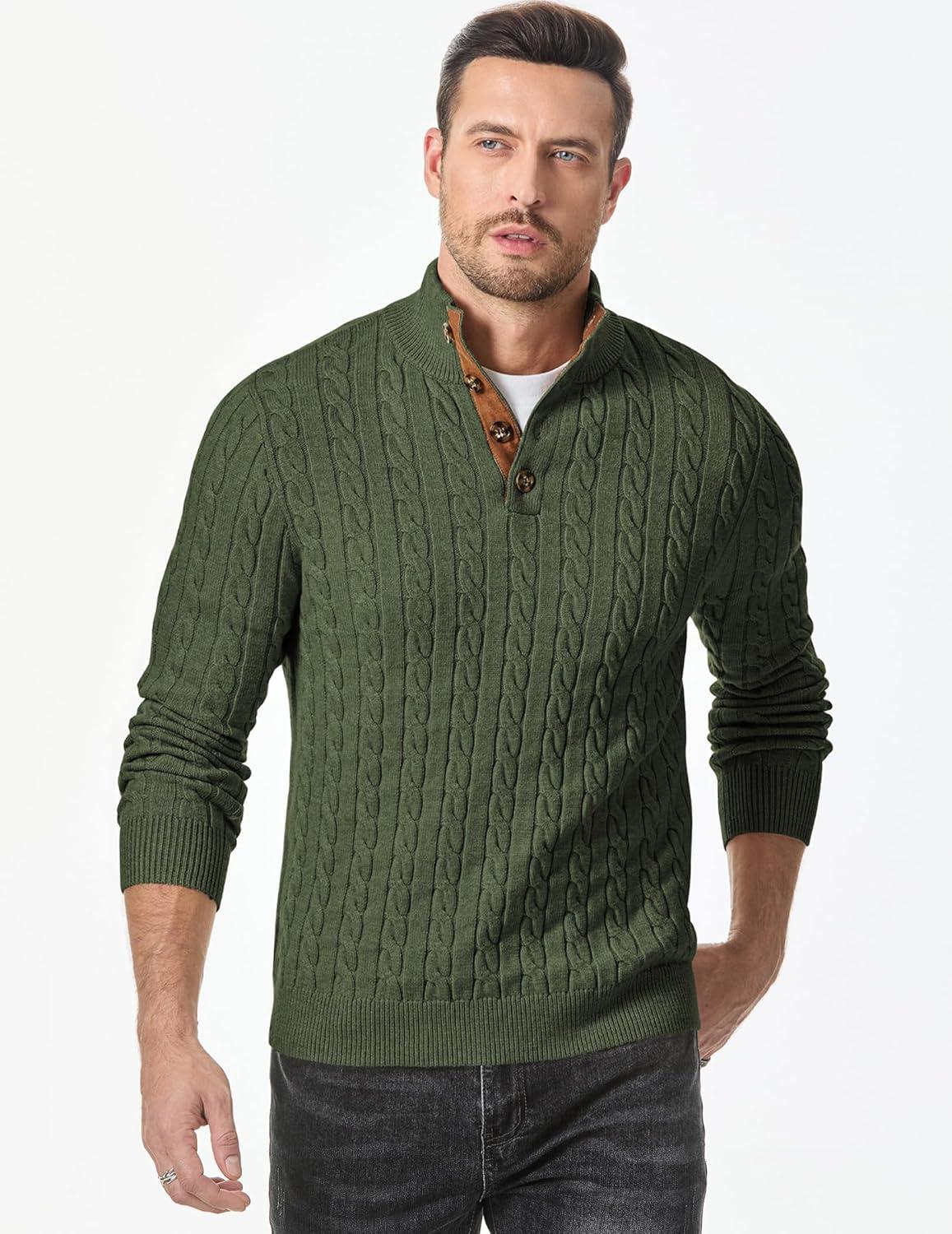 imageJMIERR Mens Cable Knit Pullover Sweater Casual Long Sleeve Stand Collar Button Knitted Sweaters01 Green
