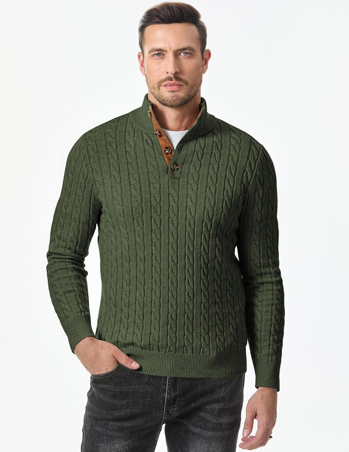 imageJMIERR Mens Cable Knit Pullover Sweater Casual Long Sleeve Stand Collar Button Knitted Sweaters01 Green