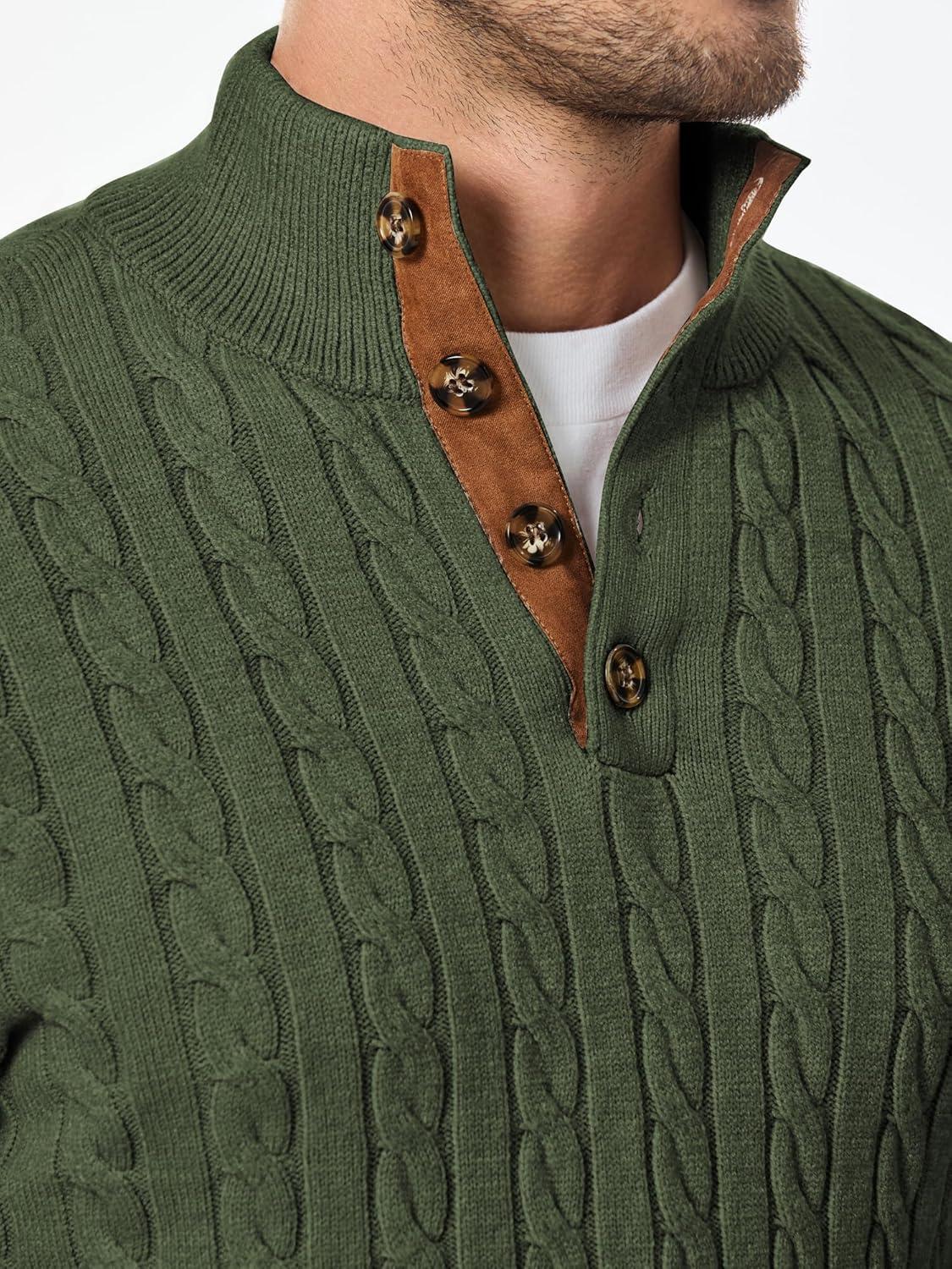 imageJMIERR Mens Cable Knit Pullover Sweater Casual Long Sleeve Stand Collar Button Knitted Sweaters01 Green