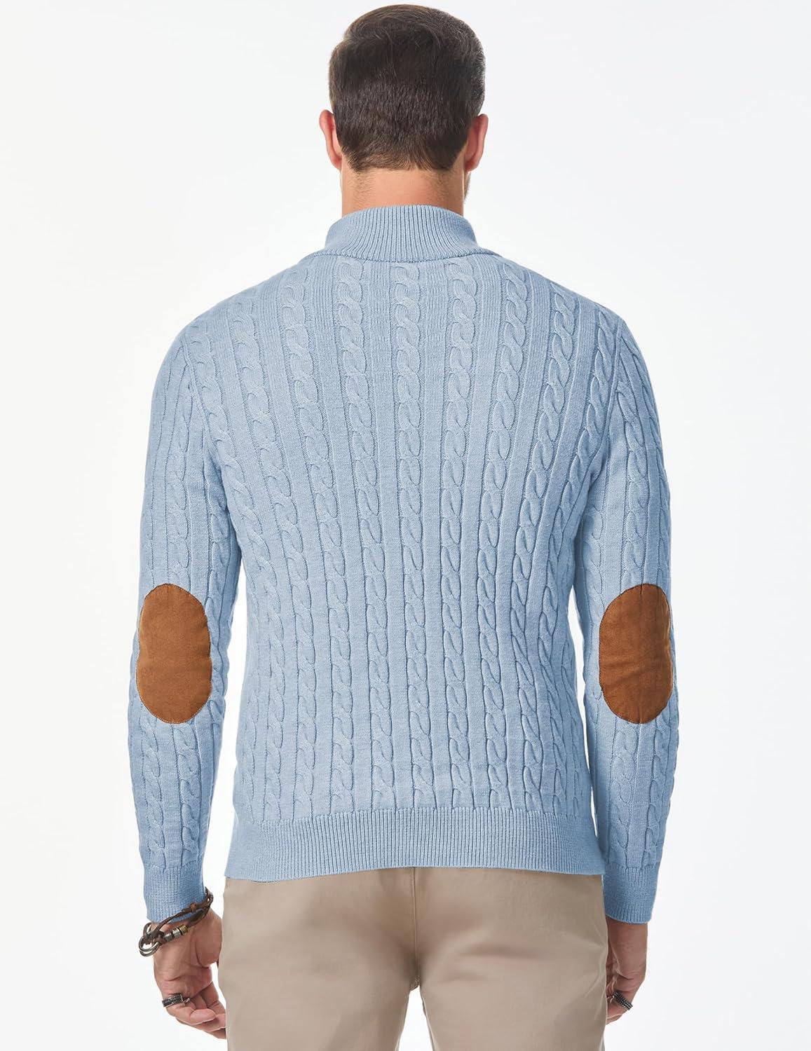 imageJMIERR Mens Cable Knit Pullover Sweater Casual Long Sleeve Stand Collar Button Knitted SweatersBeau Blue