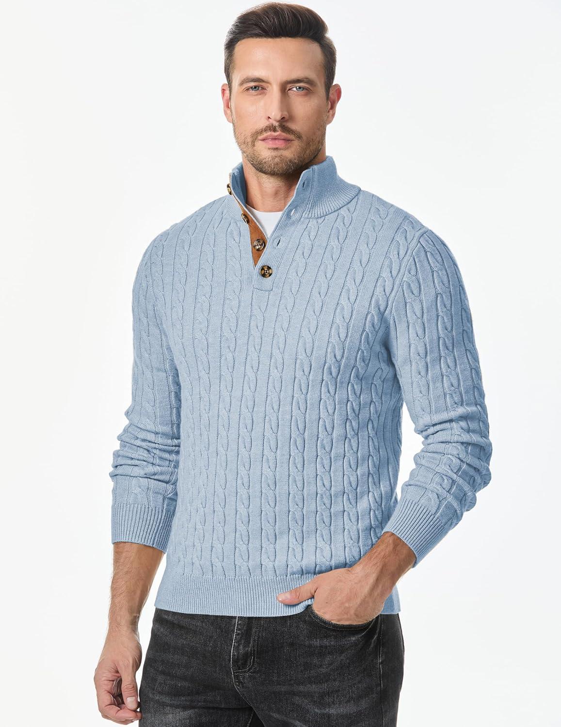 imageJMIERR Mens Cable Knit Pullover Sweater Casual Long Sleeve Stand Collar Button Knitted SweatersBeau Blue