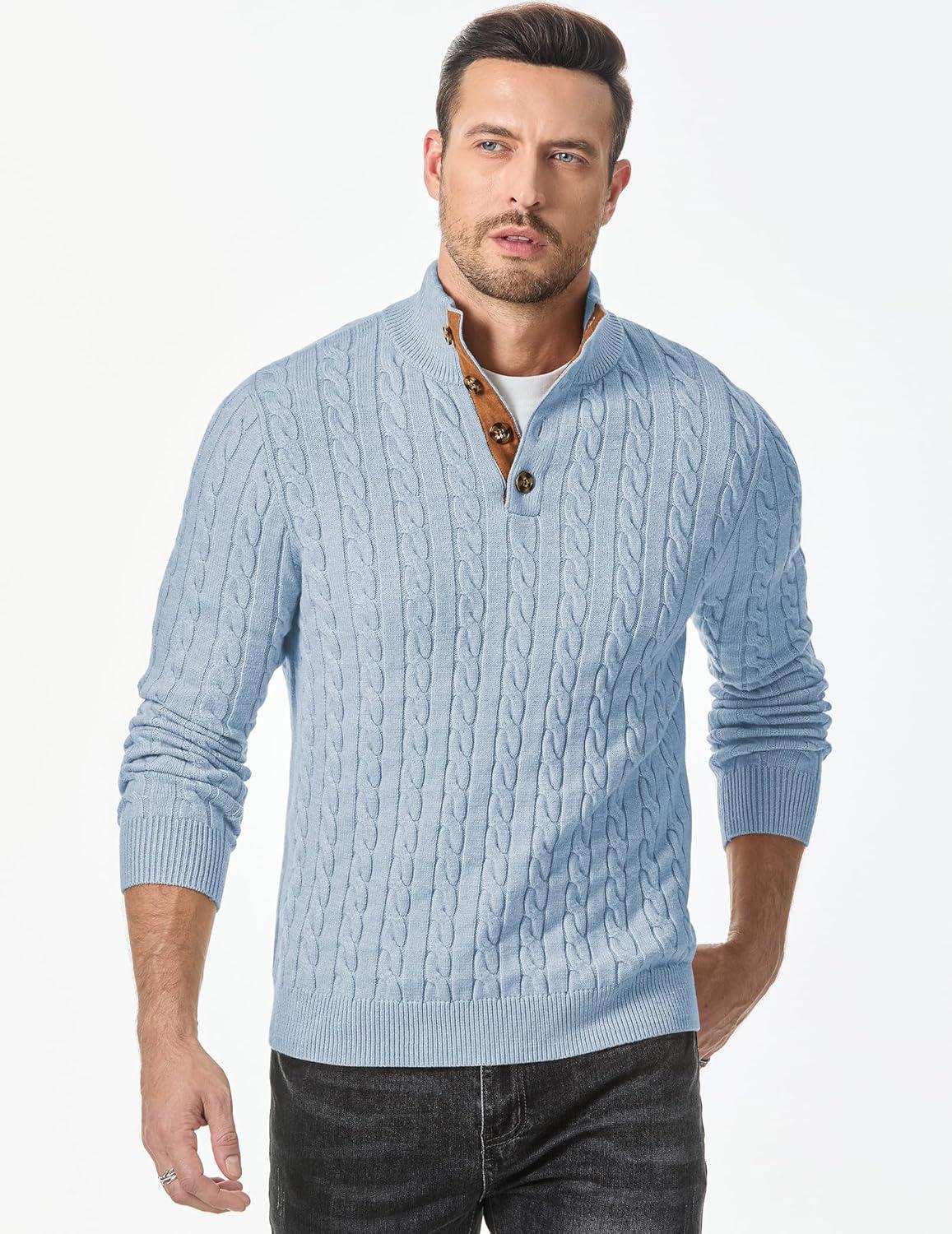 imageJMIERR Mens Cable Knit Pullover Sweater Casual Long Sleeve Stand Collar Button Knitted SweatersBeau Blue