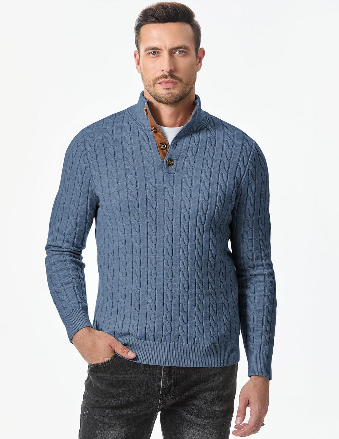 imageJMIERR Mens Cable Knit Pullover Sweater Casual Long Sleeve Stand Collar Button Knitted SweatersBlue