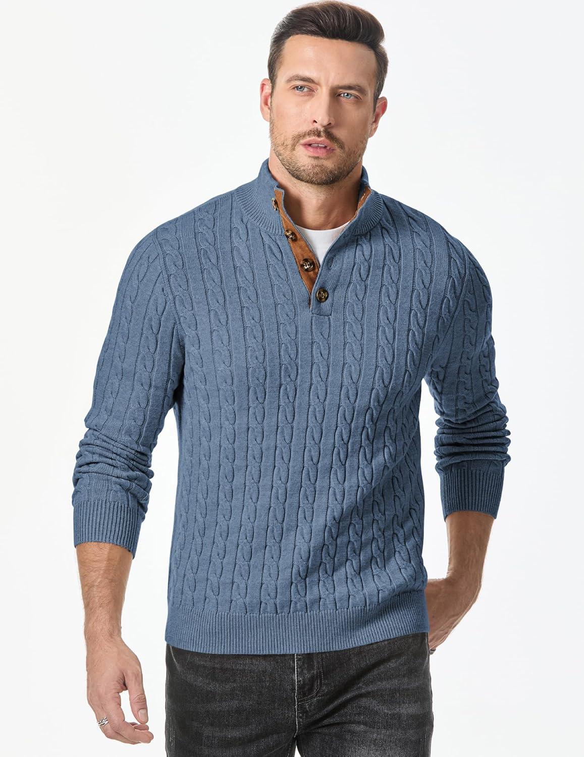 imageJMIERR Mens Cable Knit Pullover Sweater Casual Long Sleeve Stand Collar Button Knitted SweatersBlue