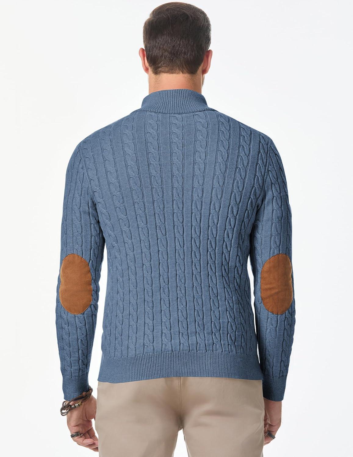 imageJMIERR Mens Cable Knit Pullover Sweater Casual Long Sleeve Stand Collar Button Knitted SweatersBlue