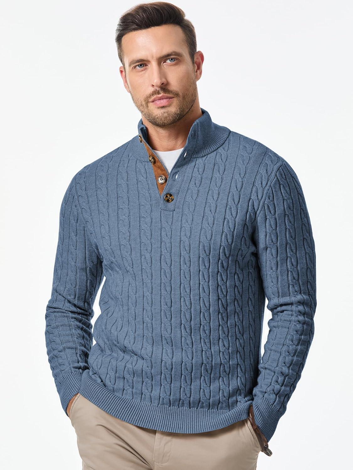 imageJMIERR Mens Cable Knit Pullover Sweater Casual Long Sleeve Stand Collar Button Knitted SweatersBlue
