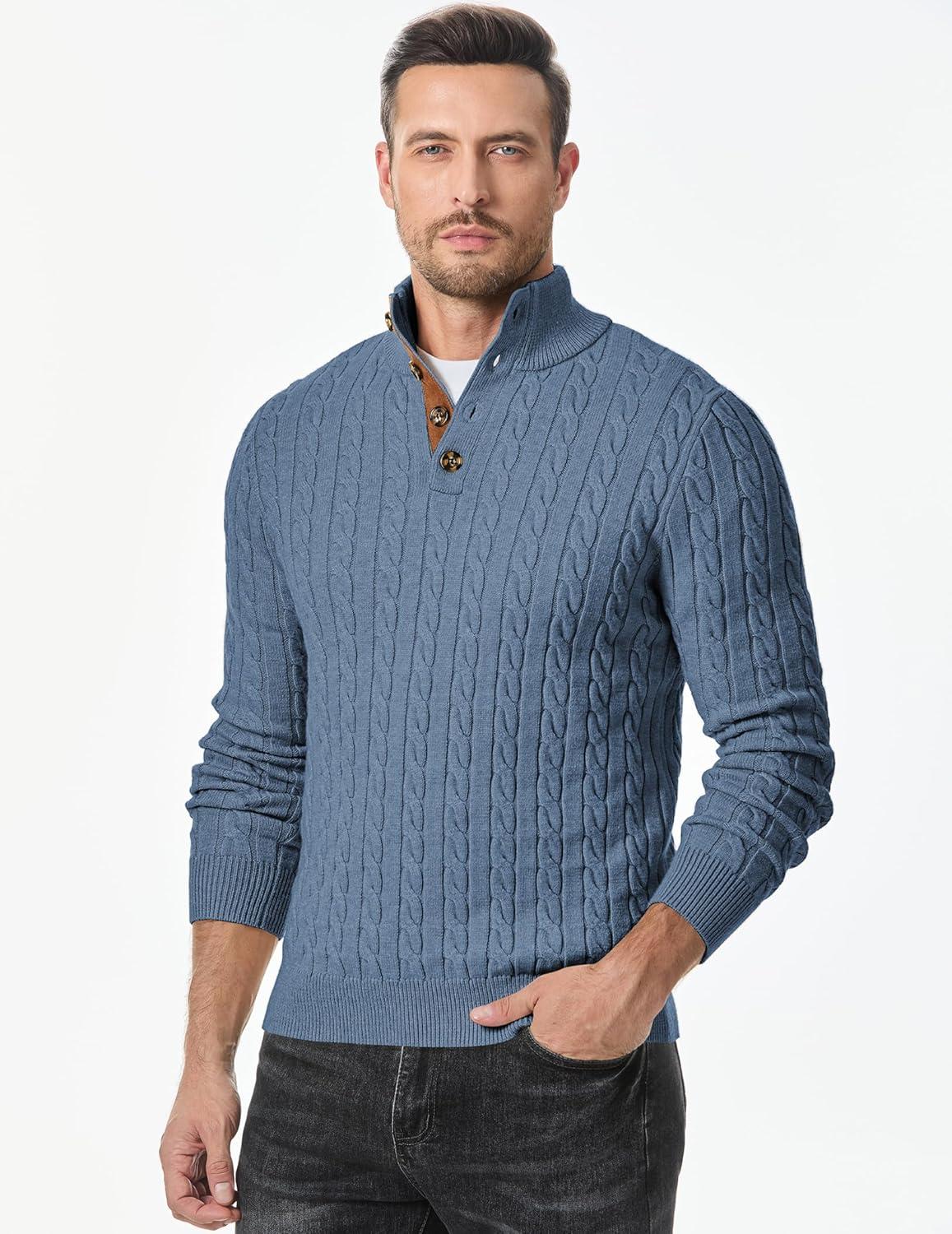 imageJMIERR Mens Cable Knit Pullover Sweater Casual Long Sleeve Stand Collar Button Knitted SweatersBlue