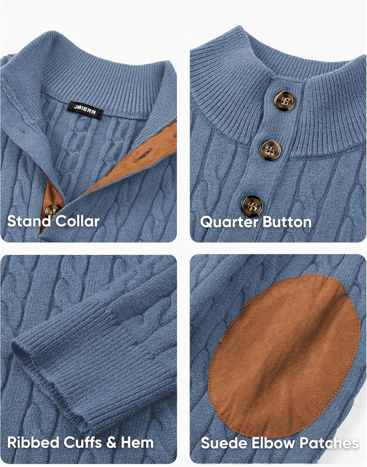 imageJMIERR Mens Cable Knit Pullover Sweater Casual Long Sleeve Stand Collar Button Knitted SweatersBlue