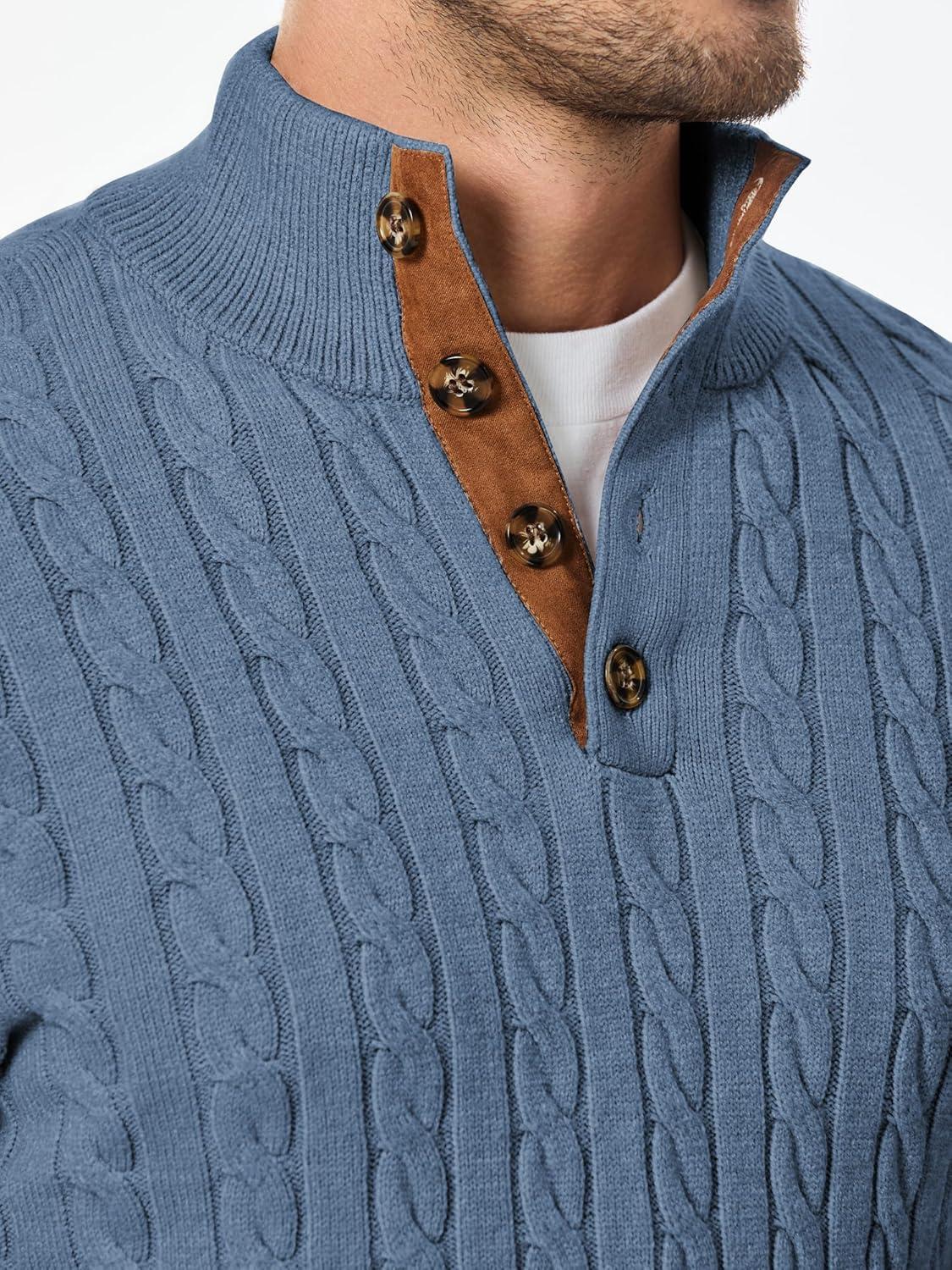 imageJMIERR Mens Cable Knit Pullover Sweater Casual Long Sleeve Stand Collar Button Knitted SweatersBlue