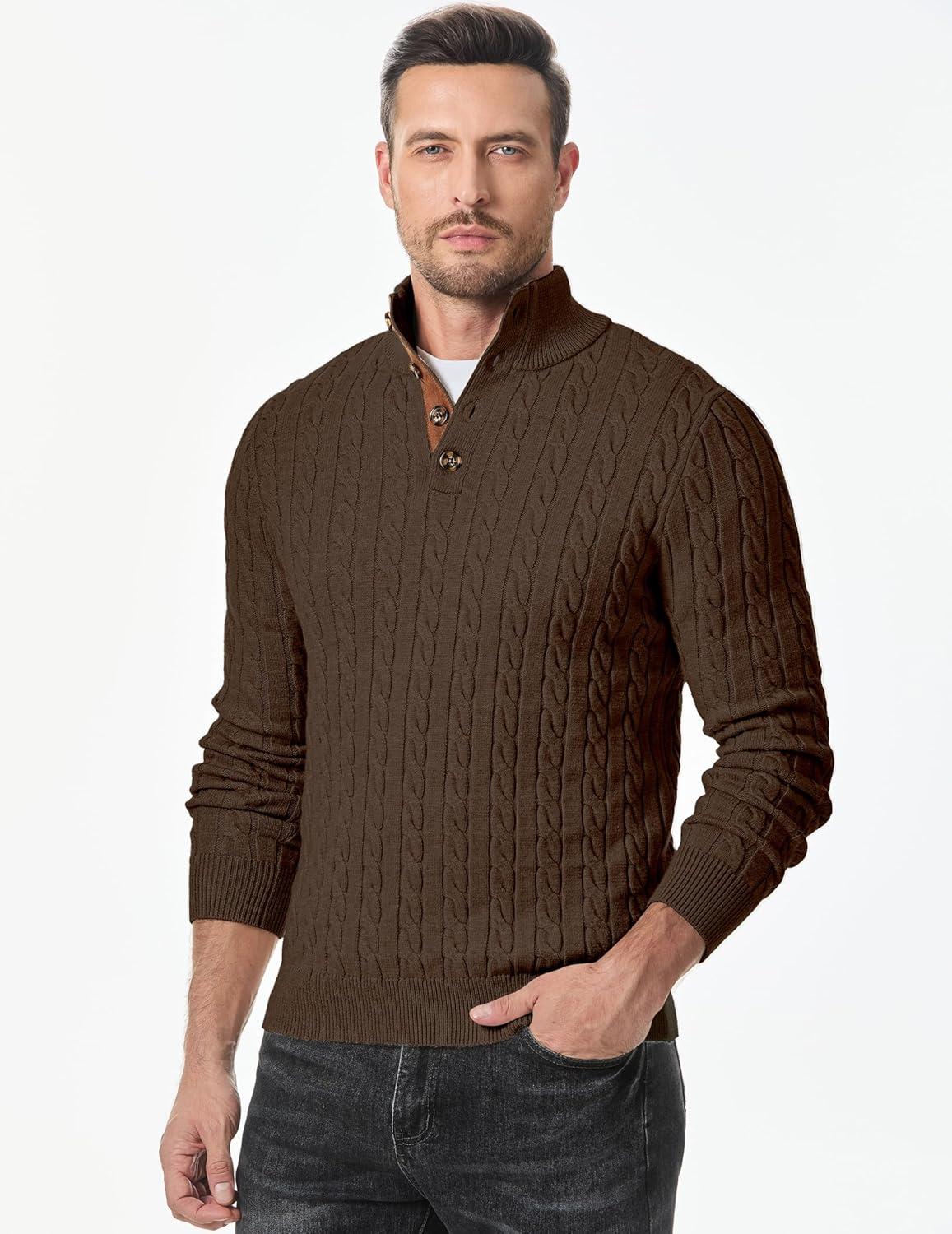 imageJMIERR Mens Cable Knit Pullover Sweater Casual Long Sleeve Stand Collar Button Knitted SweatersChocolate Brown