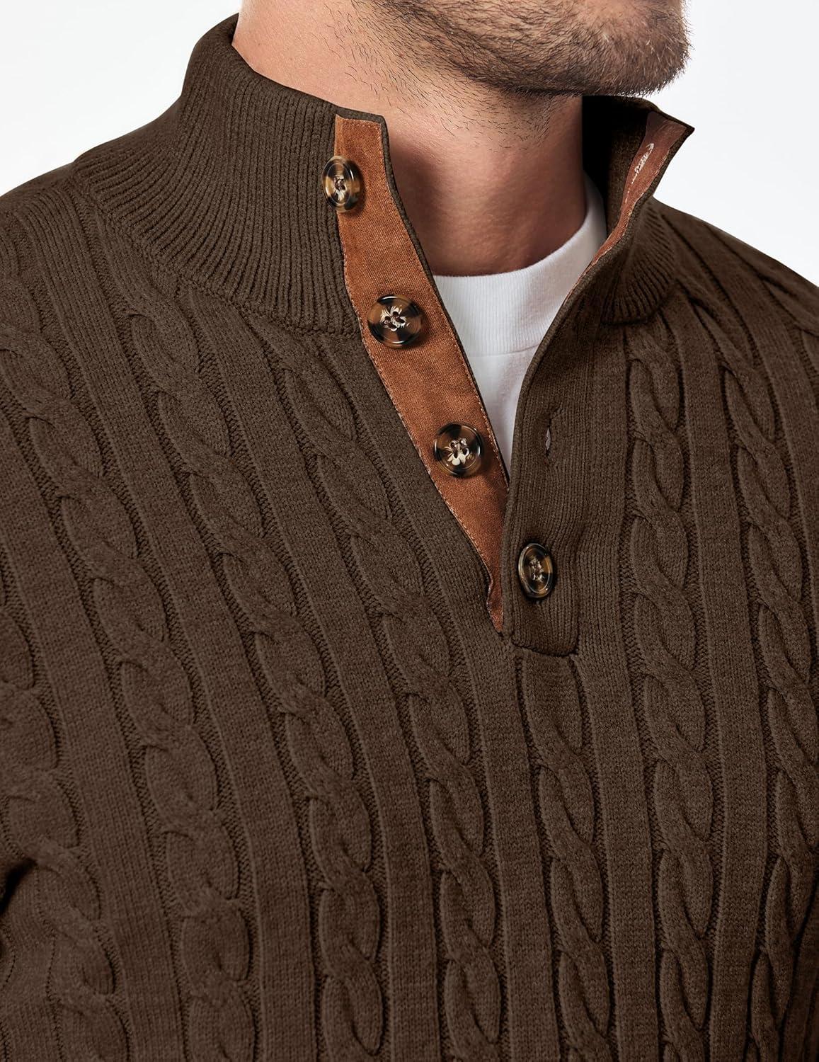 imageJMIERR Mens Cable Knit Pullover Sweater Casual Long Sleeve Stand Collar Button Knitted SweatersChocolate Brown