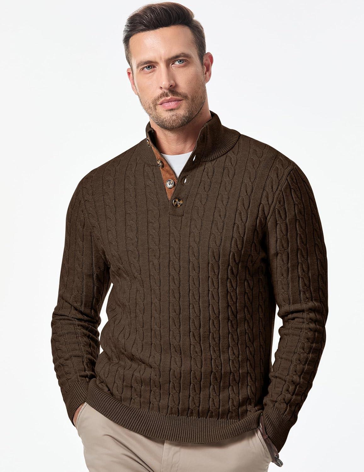 imageJMIERR Mens Cable Knit Pullover Sweater Casual Long Sleeve Stand Collar Button Knitted SweatersChocolate Brown